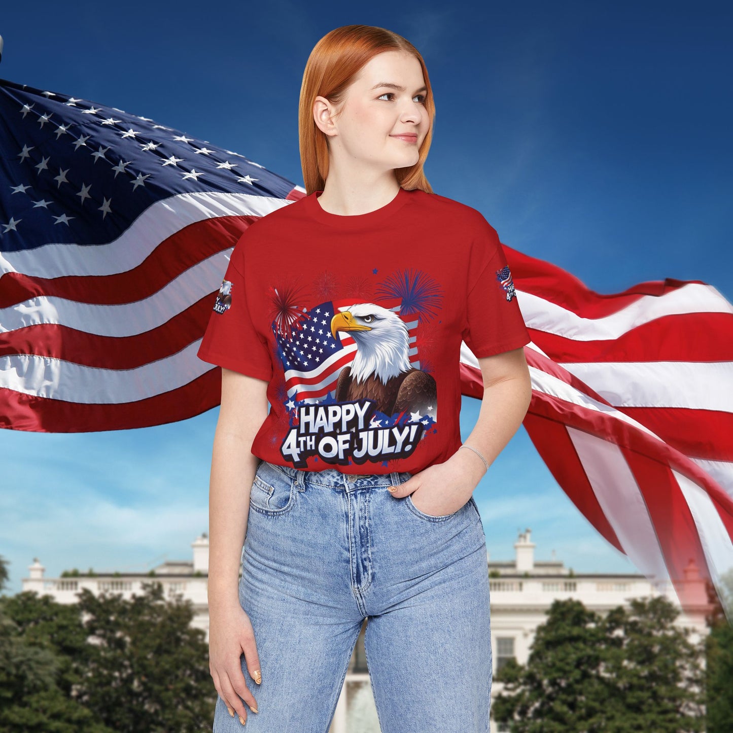 Happy 4th of July, Print Design, Unisex T-Shirt, Patriotic Print Design, Independence Day Shirt, Red White Blue Shirt, USA Tee Gift, Gift For Her, Gift For Him, American Flag, Bald Eagle