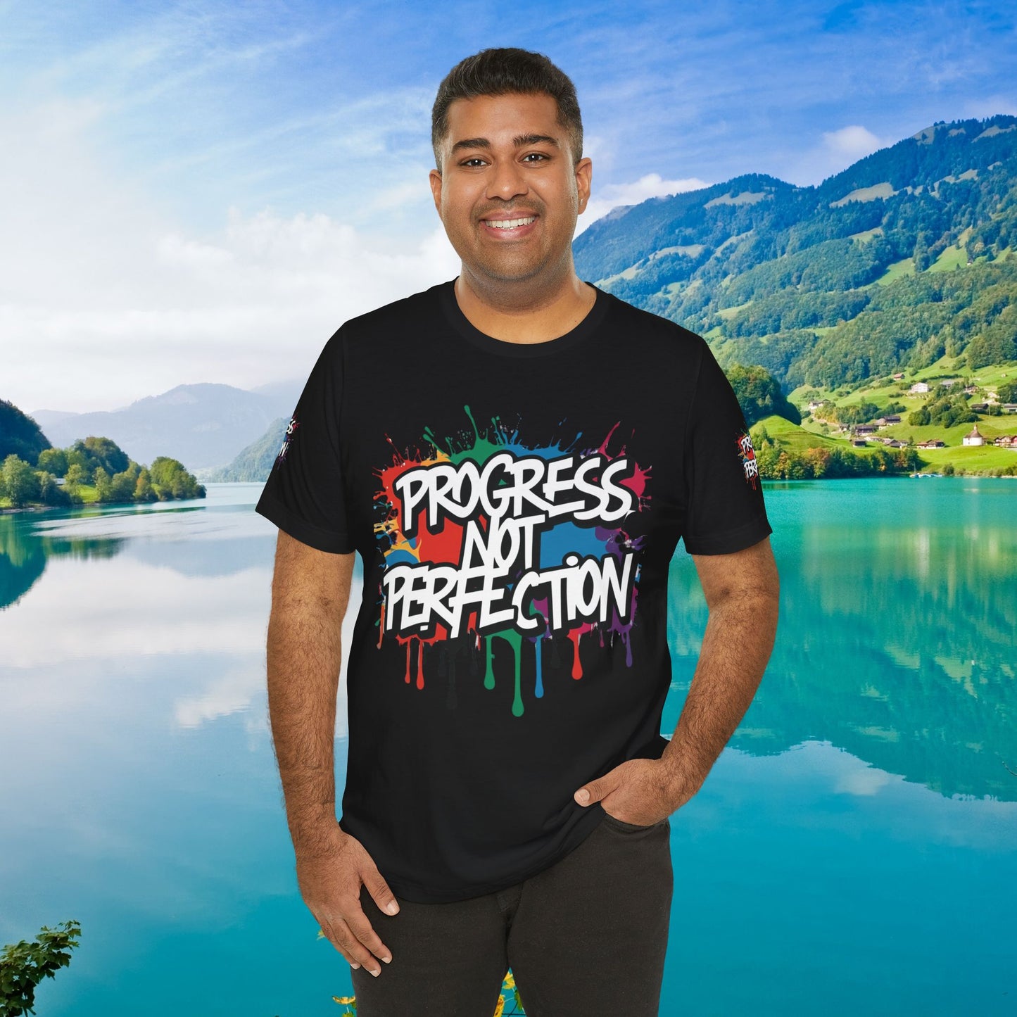 💥 Vibrant 💥 Eye-catching 💥 Motivational 💥 All Over Print 💥 Unisex T-shirt 💥 Progress Not Perfection 💥 Art-Inspired 💥 Apparel 💥 Sizes XS x 4XL 💥