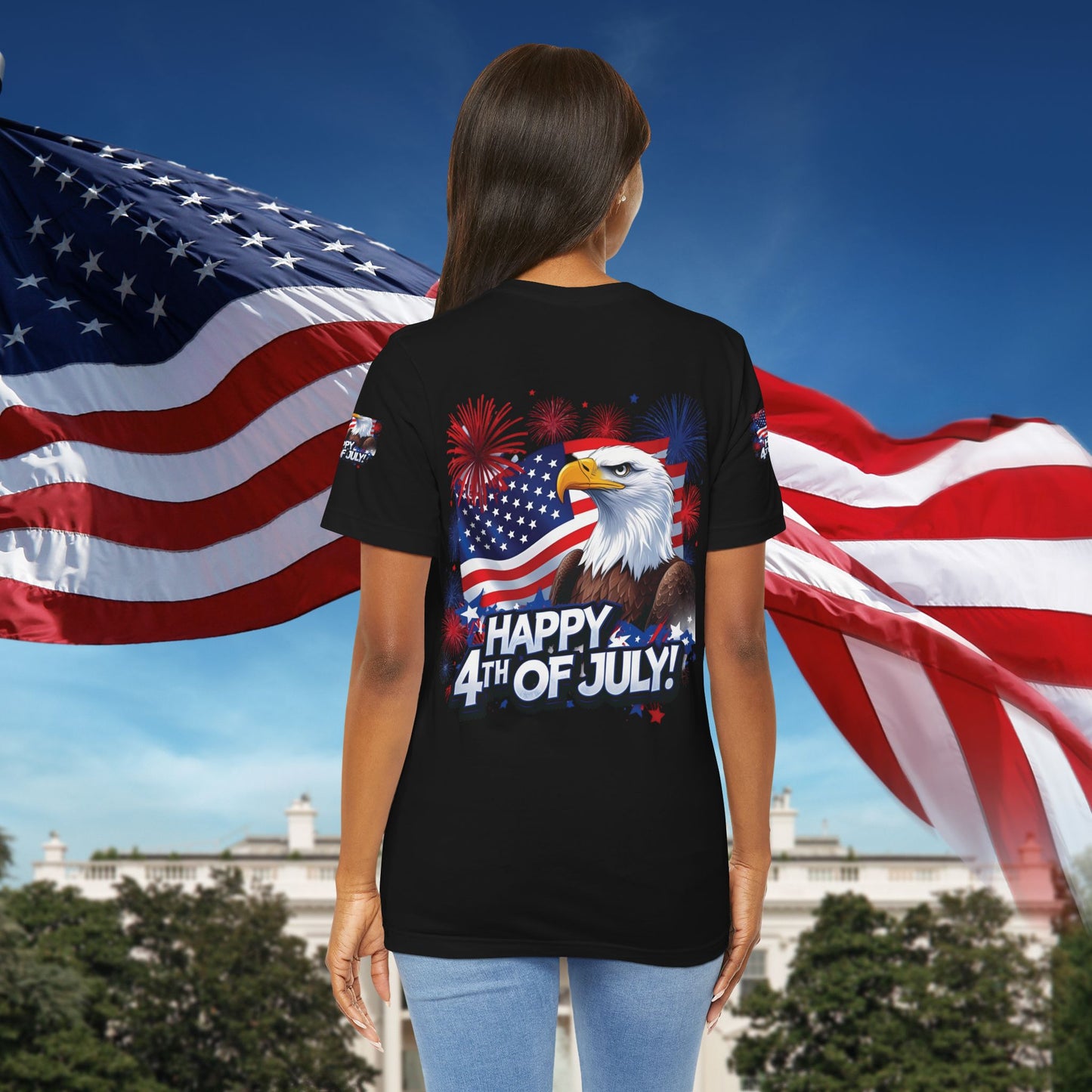 Happy 4th of July, Print Design, Unisex T-Shirt, Patriotic Print Design, Independence Day Shirt, Red White Blue Shirt, USA Tee Gift, Gift For Her, Gift For Him, American Flag, Bald Eagle