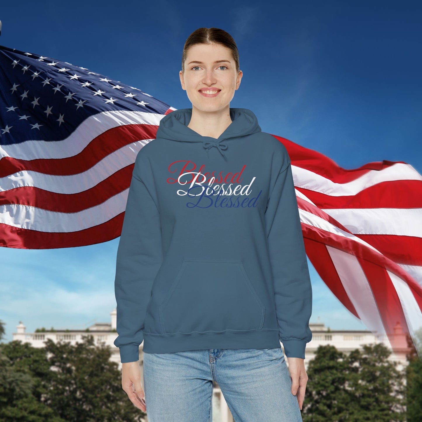 Blessed Hoodie – Patriotic Red, White & Blue Unisex Pullover Sweatshirt with Front & Back Print – Cozy, Positive Vibes Gift