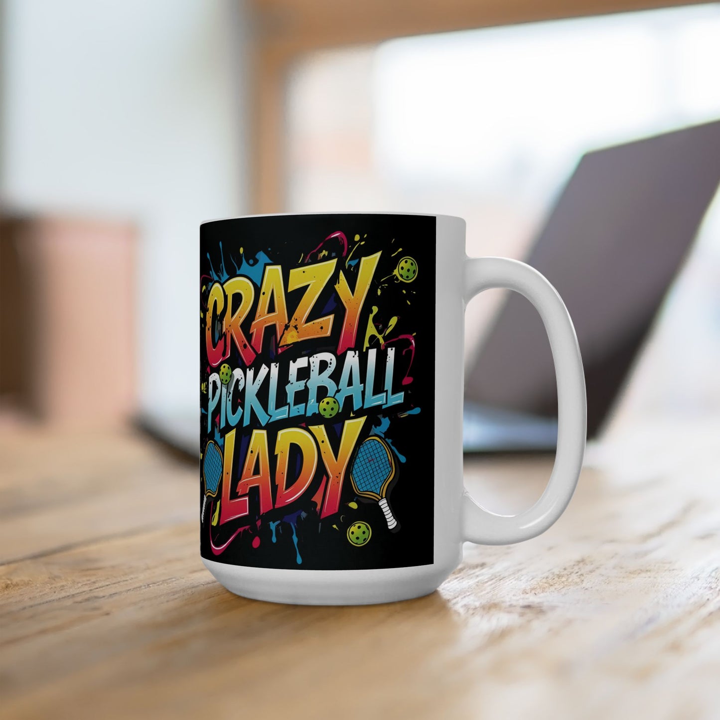 Colorful Crazy Pickleball Lady Mug, 11oz & 15oz, Fun Sports Gift for Pickleball Enthusiasts, Unique Ceramic Coffee Cup, Perfect for Birthdays