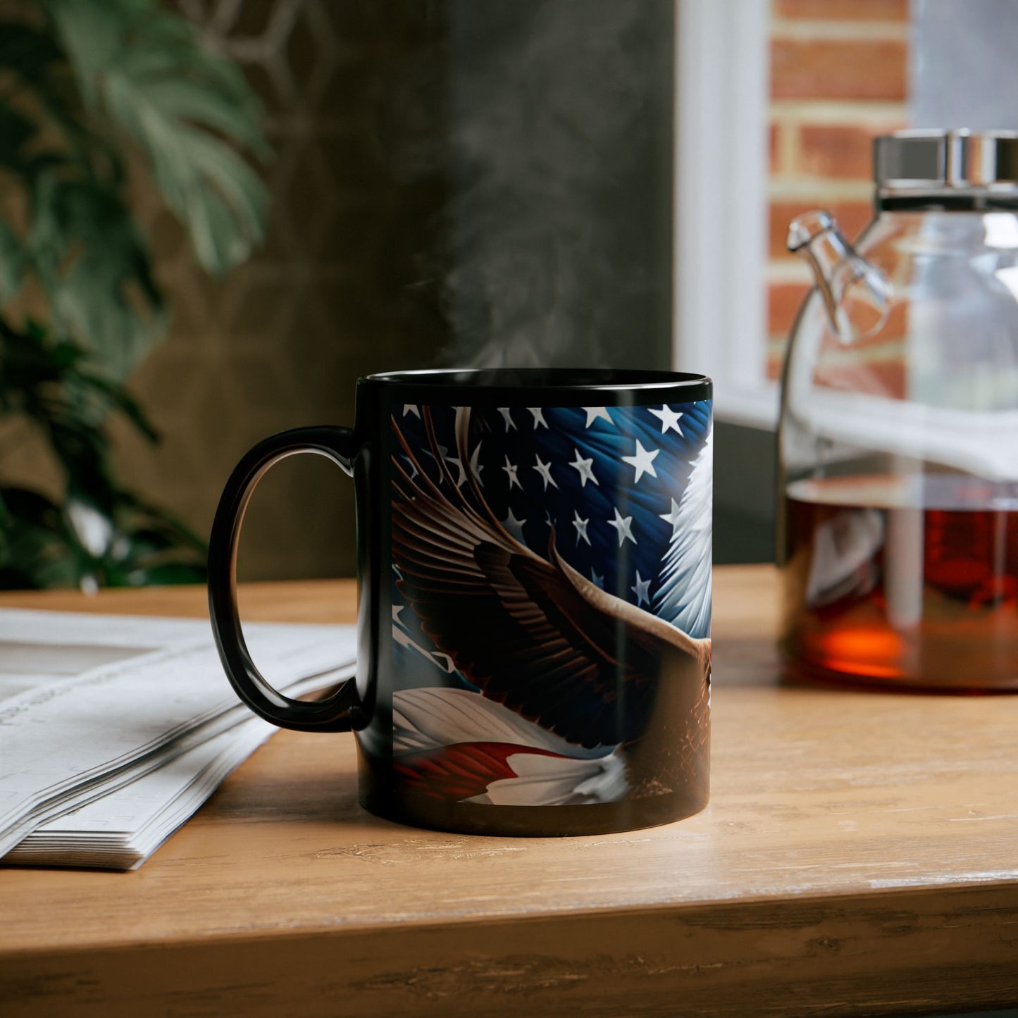 Eye-Catching Patriotic Bald Eagle American Flag Red White & Blue Black Mug 11oz & 15oz Perfect for Celebrations and Gifting
