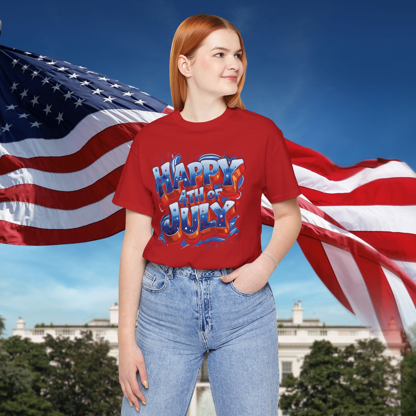 Happy 4th Of July, Print Design T-Shirt, Independence Day, American Flag, Bald Eagle, Red White Blue