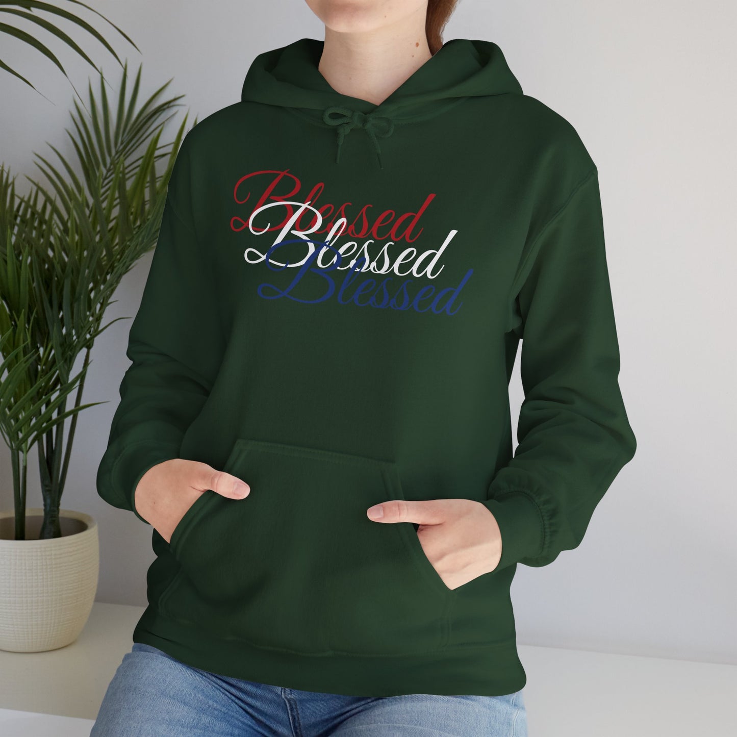 Blessed Hoodie – Patriotic Red, White & Blue Unisex Pullover Sweatshirt with Front & Back Print – Cozy, Positive Vibes Gift