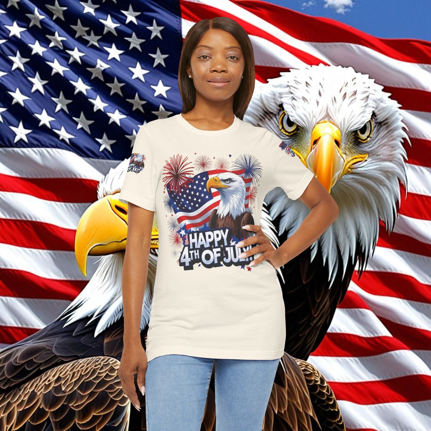 Happy 4th of July, Print Design, Unisex T-Shirt, Patriotic Print Design, Independence Day Shirt, Red White Blue Shirt, USA Tee Gift, Gift For Her, Gift For Him, American Flag, Bald Eagle