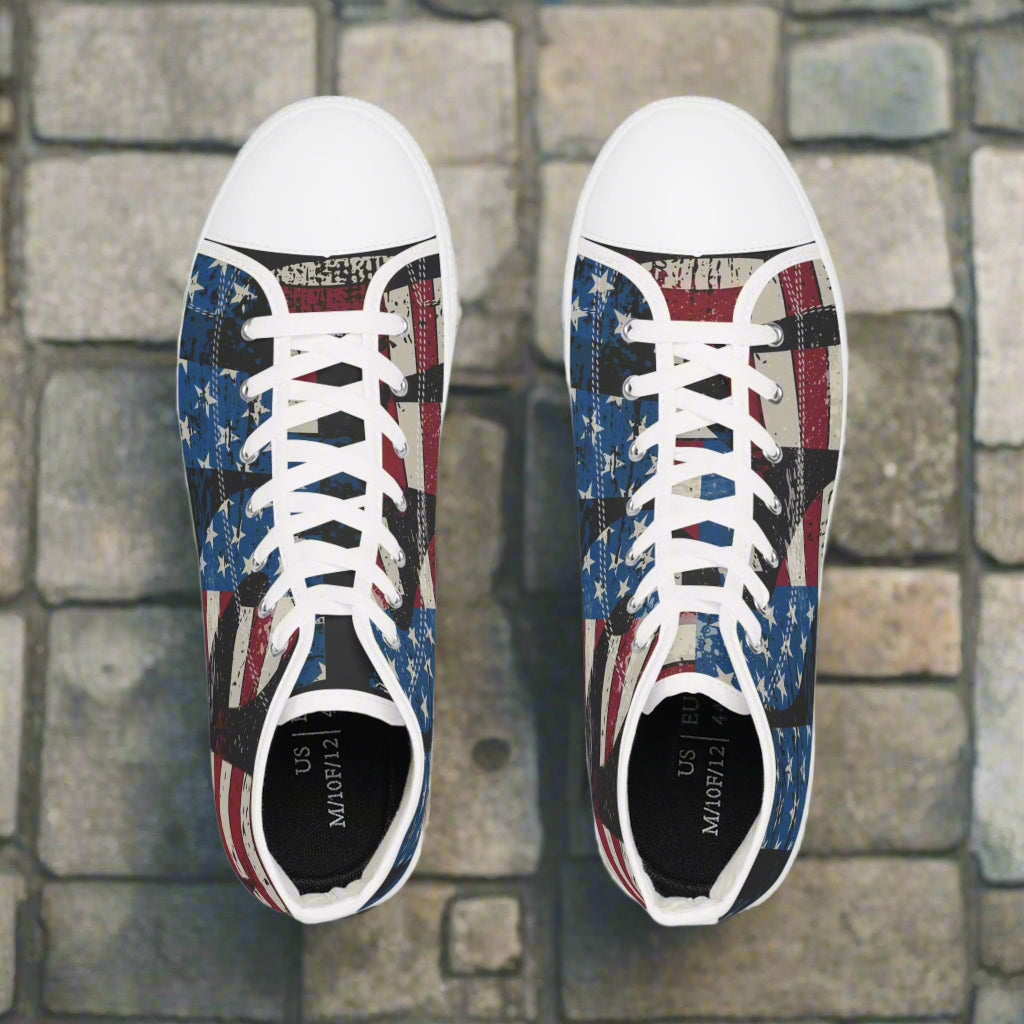 💥USA 💥 Red White & Blue 💥Unisex 💥 High Top Sneakers 💥 Patriotic Vibe 💥 Full Wrap Around Print 💥