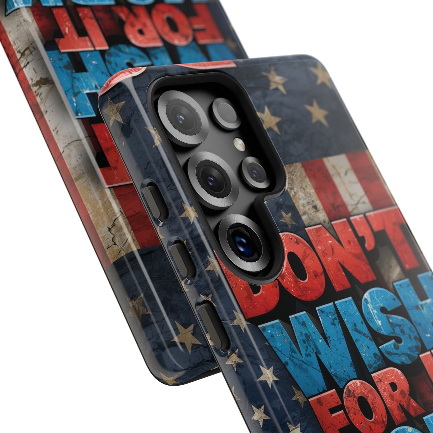 Motivational Phone Case - Don't Wish for It, Work for It | Patriotic Design, Gift for Fitness Lovers, USA Flag, Inspirational Decor