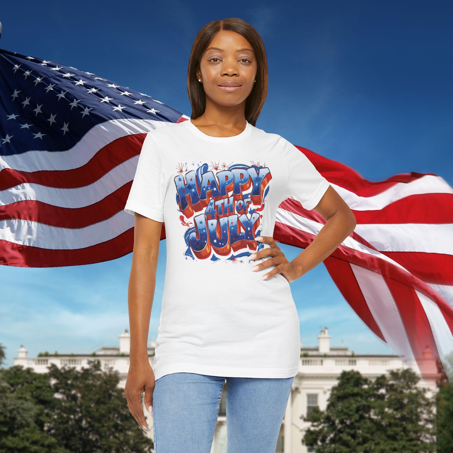 Happy 4th Of July, Print Design T-Shirt, Independence Day, American Flag, Bald Eagle, Red White Blue