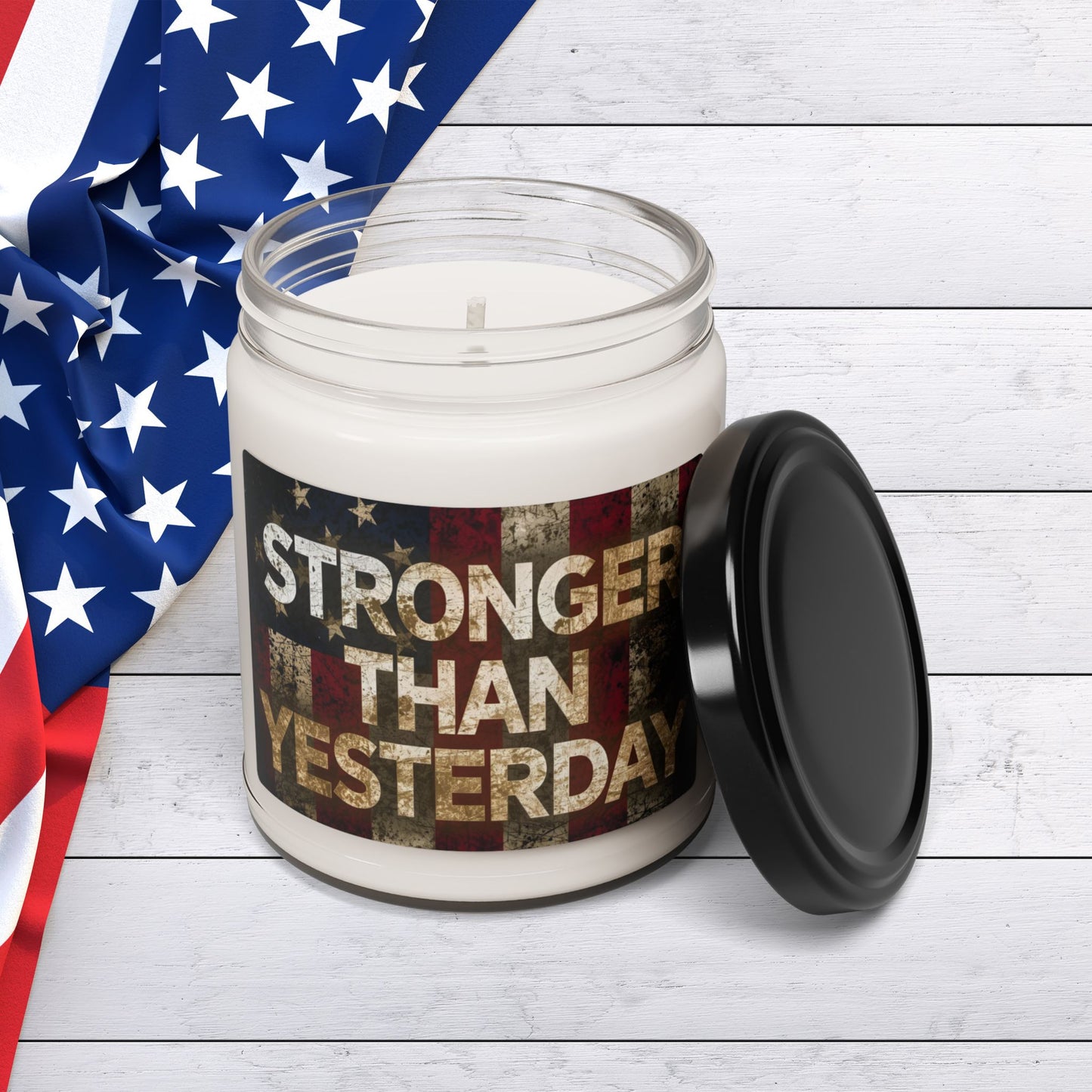 Scented Soy 9oz Candles - Stronger Than Yesterday Print - Vintage American Flag Background