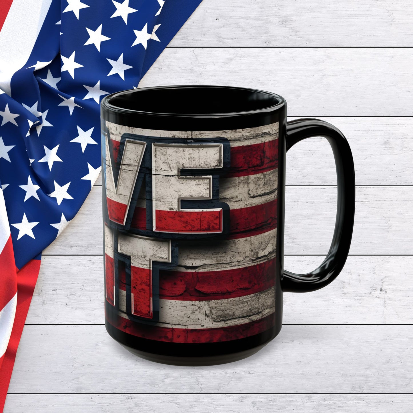 Eye-Catching - Red White Blue - Black Ceramic Mug - LIVE FIT - American Flag Backdrop