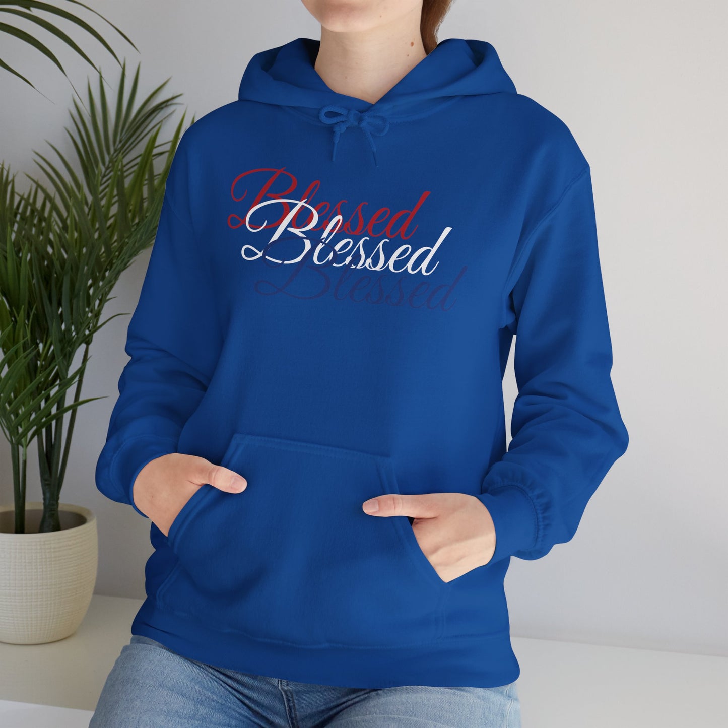 Blessed Hoodie – Patriotic Red, White & Blue Unisex Pullover Sweatshirt with Front & Back Print – Cozy, Positive Vibes Gift