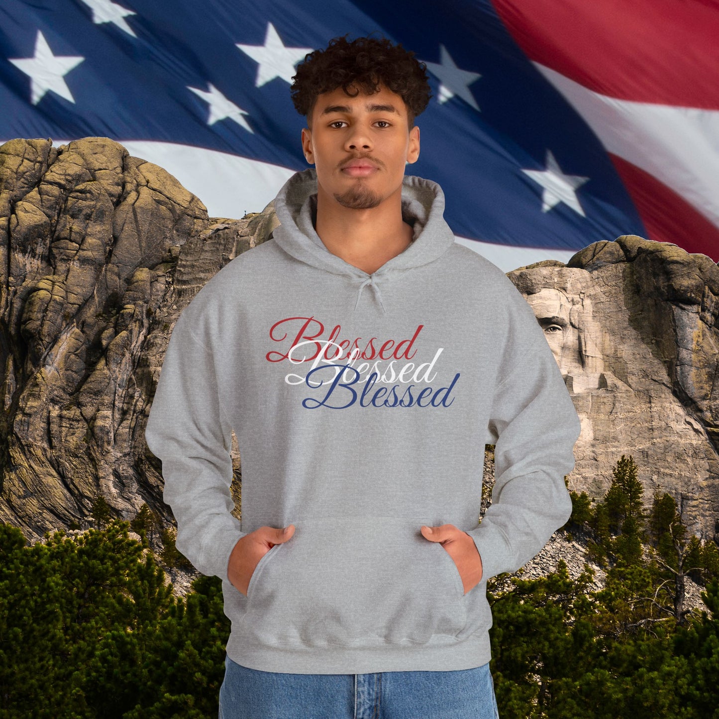 Blessed Hoodie – Patriotic Red, White & Blue Unisex Pullover Sweatshirt with Front & Back Print – Cozy, Positive Vibes Gift