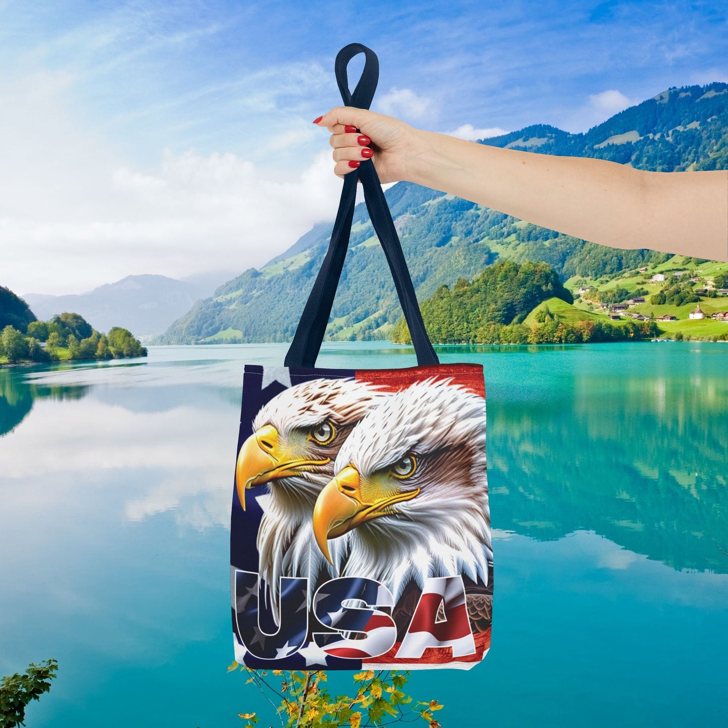 ๐บ๐ธ Patriotic ๐บ๐ธ USA ๐บ๐ธ Bald Eagles ๐บ๐ธ Tote Bag ๐บ๐ธ All Over Print ๐บ๐ธ American Flag Design ๐บ๐ธ Five Different Handle Colors ๐บ๐ธ Red ๐บ๐ธ Navy ๐บ๐ธ Black ๐บ๐ธ Beige ๐บ๐ธ White