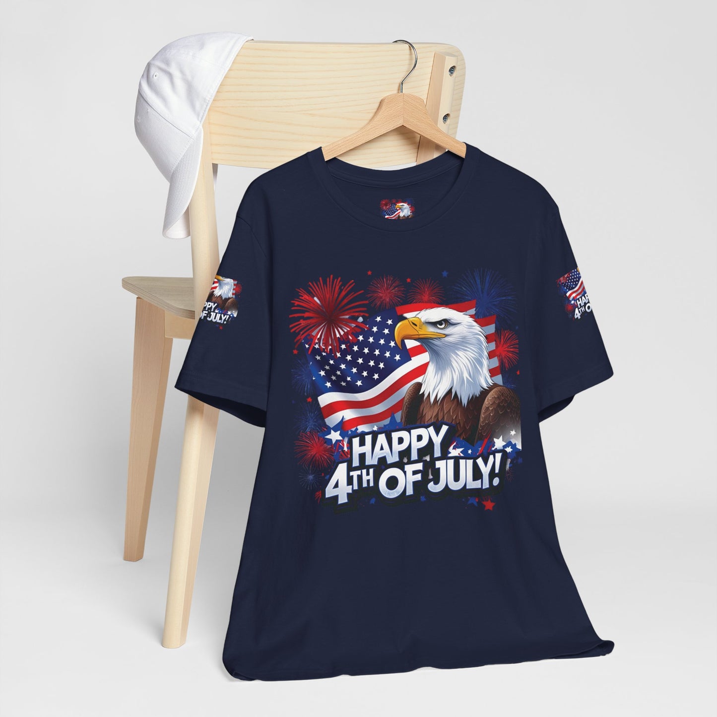 Happy 4th of July, Print Design, Unisex T-Shirt, Patriotic Print Design, Independence Day Shirt, Red White Blue Shirt, USA Tee Gift, Gift For Her, Gift For Him, American Flag, Bald Eagle
