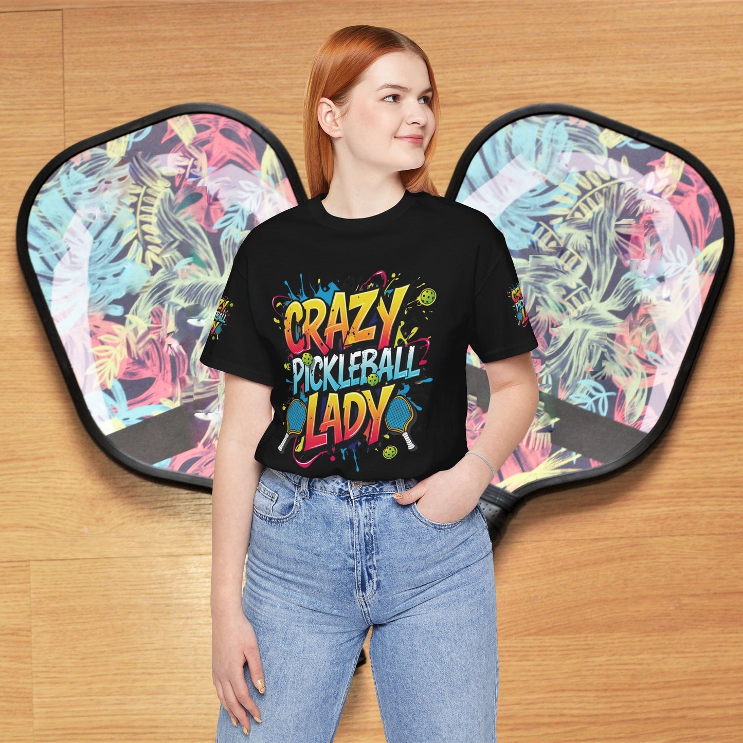 Eye-Catching Crazy Pickleball Lady T-Shirt - Fun Graphic Tee for Pickleball Enthusiasts Sizes XS-5XL