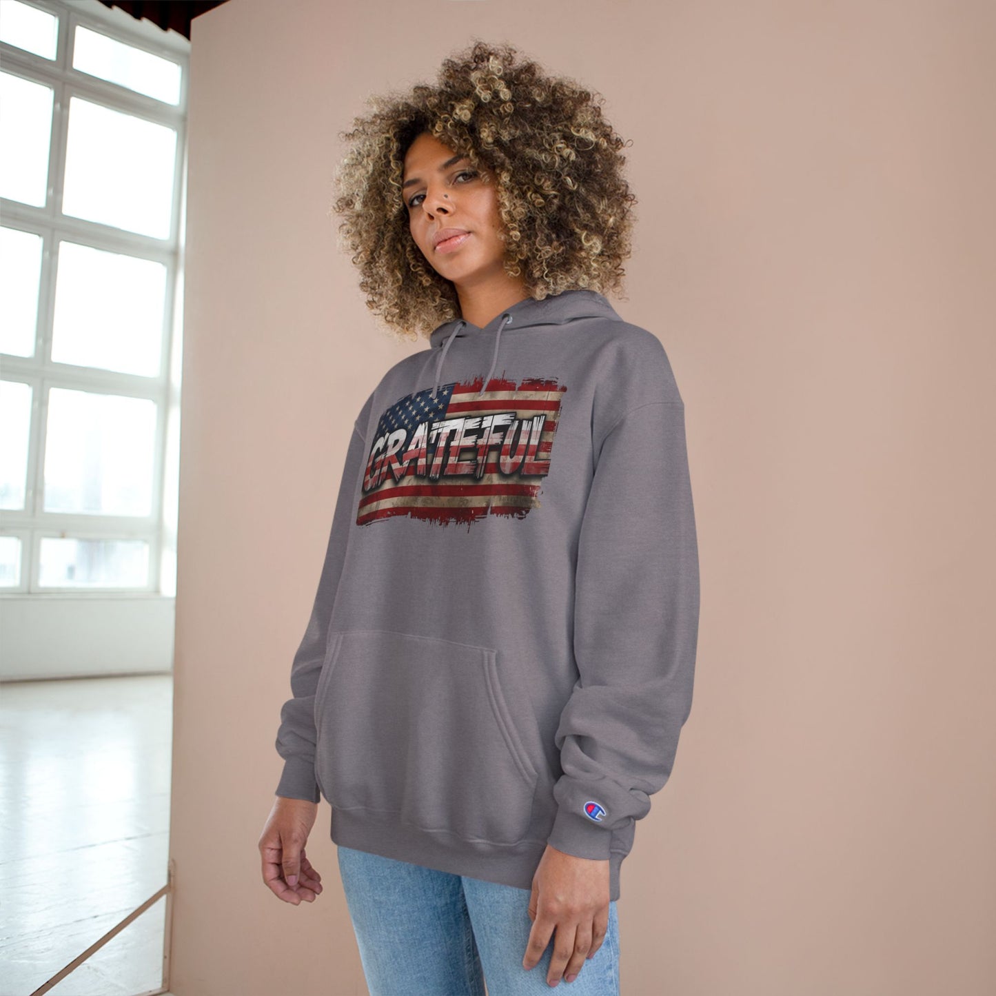 Champion Hoodie - Grateful American Flag - Red White Blue Backdrop