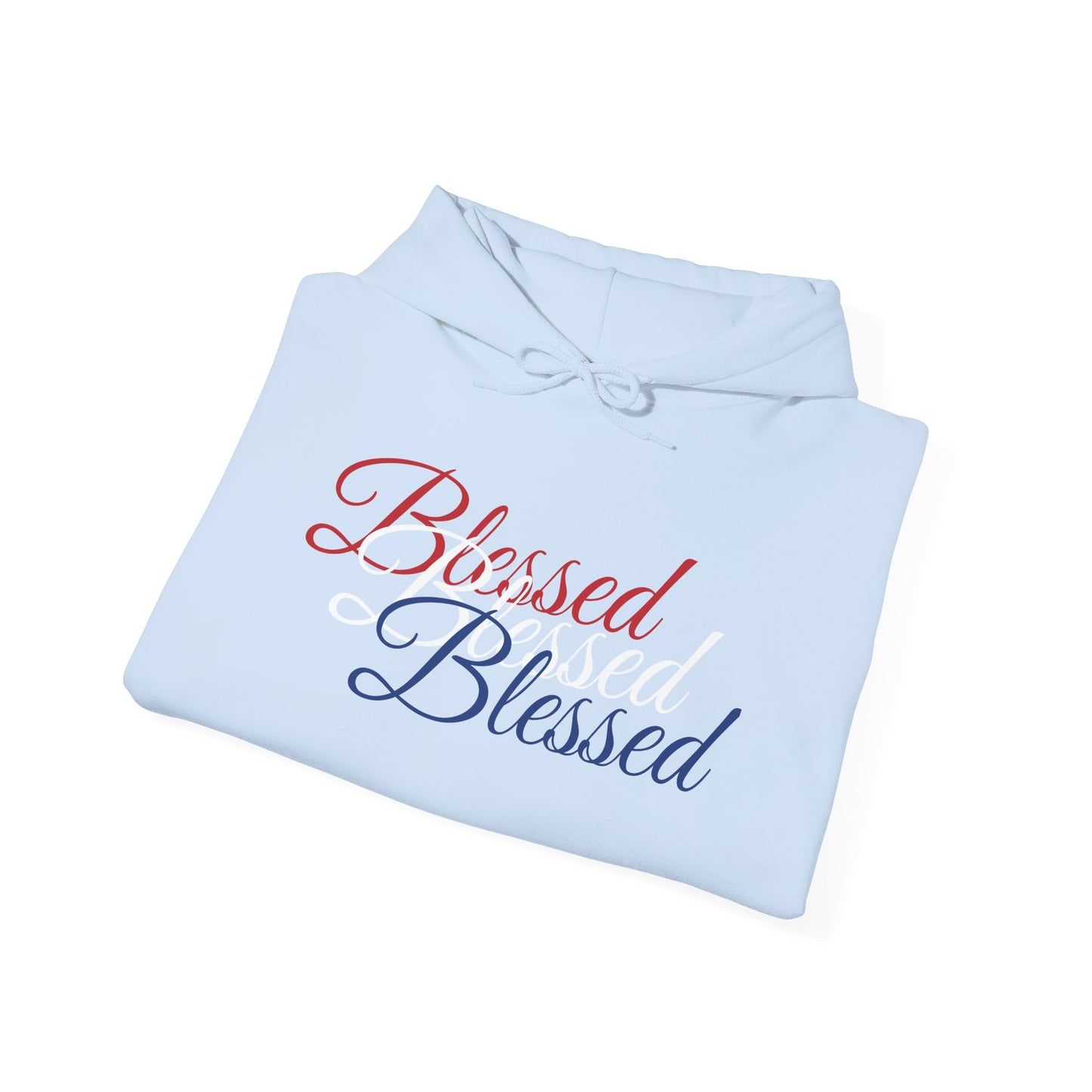 Blessed Hoodie – Patriotic Red, White & Blue Unisex Pullover Sweatshirt with Front & Back Print – Cozy, Positive Vibes Gift