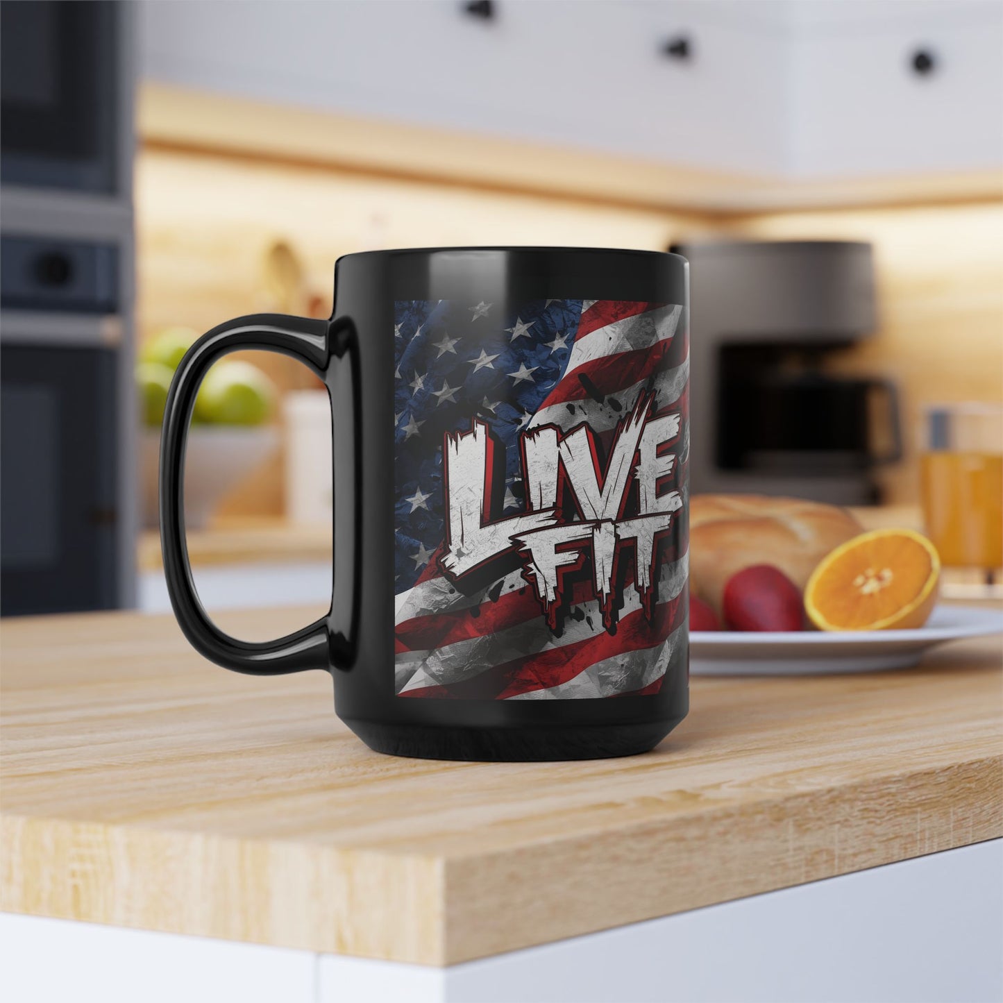 Stylish Black Ceramic Mug - LIVE FIT Design - American Flag Backdrop - Red White Blue