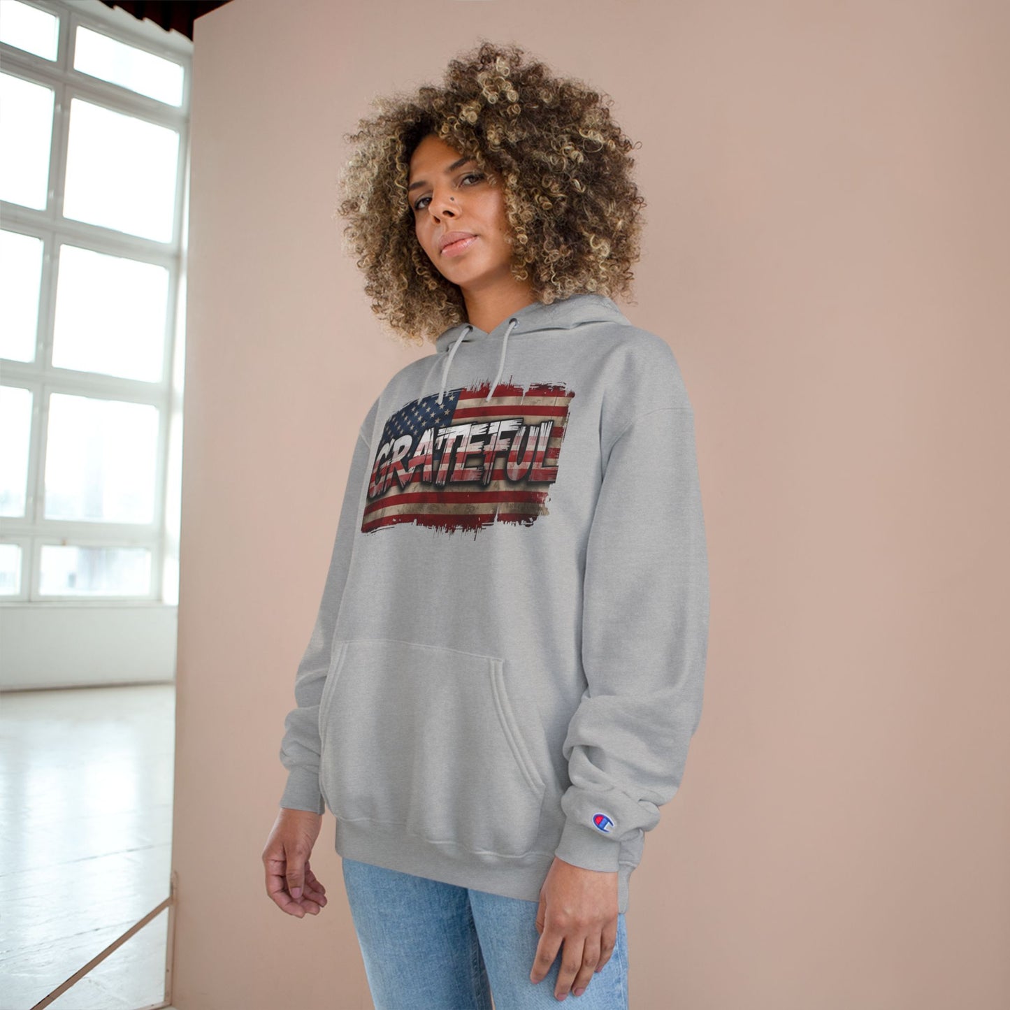 Champion Hoodie - Grateful American Flag - Red White Blue Backdrop