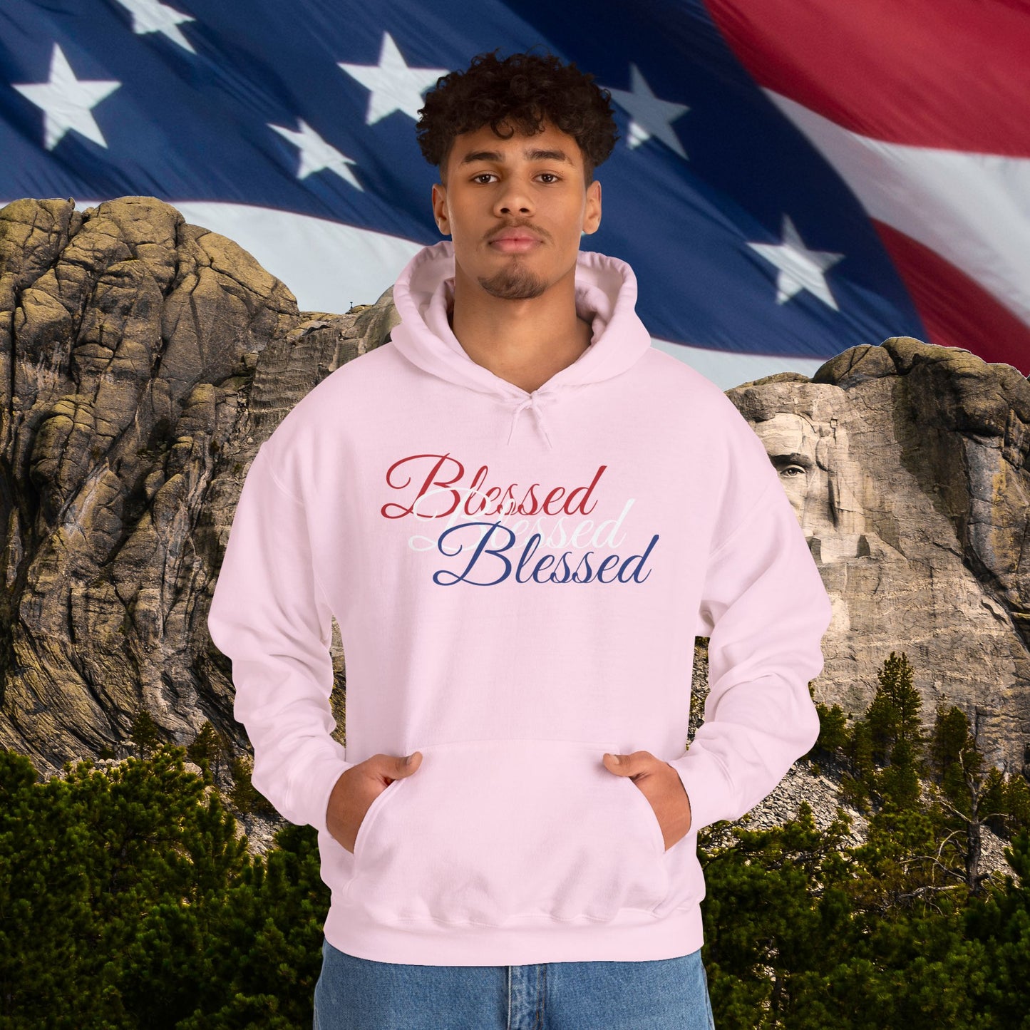 Blessed Hoodie – Patriotic Red, White & Blue Unisex Pullover Sweatshirt with Front & Back Print – Cozy, Positive Vibes Gift