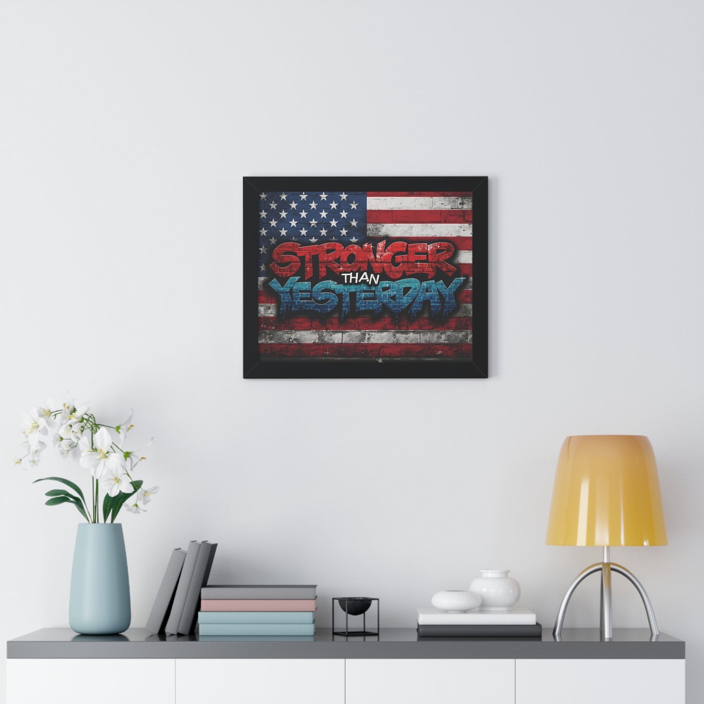 Patriotic Stronger Than Yesterday Red White Blue Wall Art Print, Framed Horizontal Poster, Inspirational Home Decor, Gift for Veterans, Americana Decor, Motivational Art