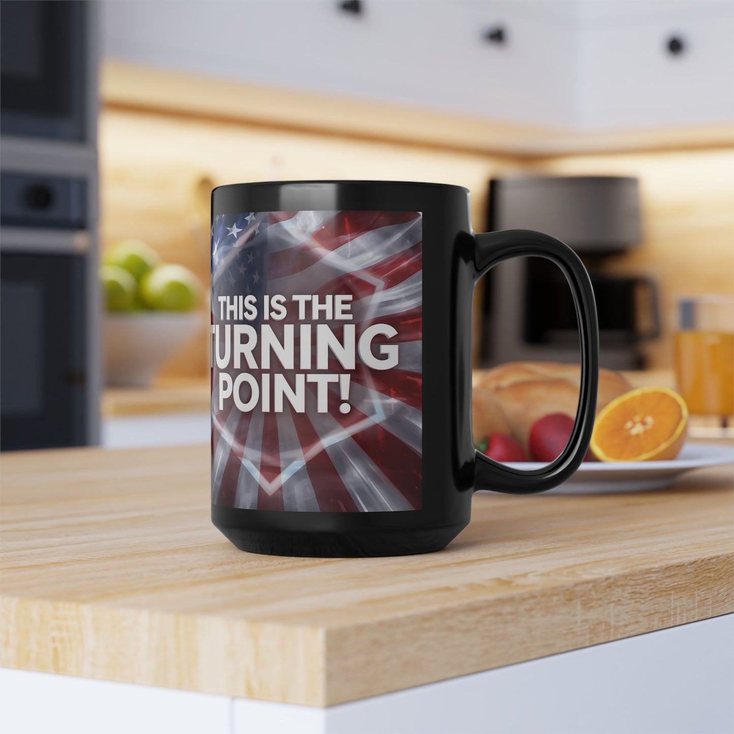 This Is The Turning Point! - Charlie Kirk - Patriotic - American Flag Backdrop- Sleek Black Ceramic Mug - 11oz - 15oz