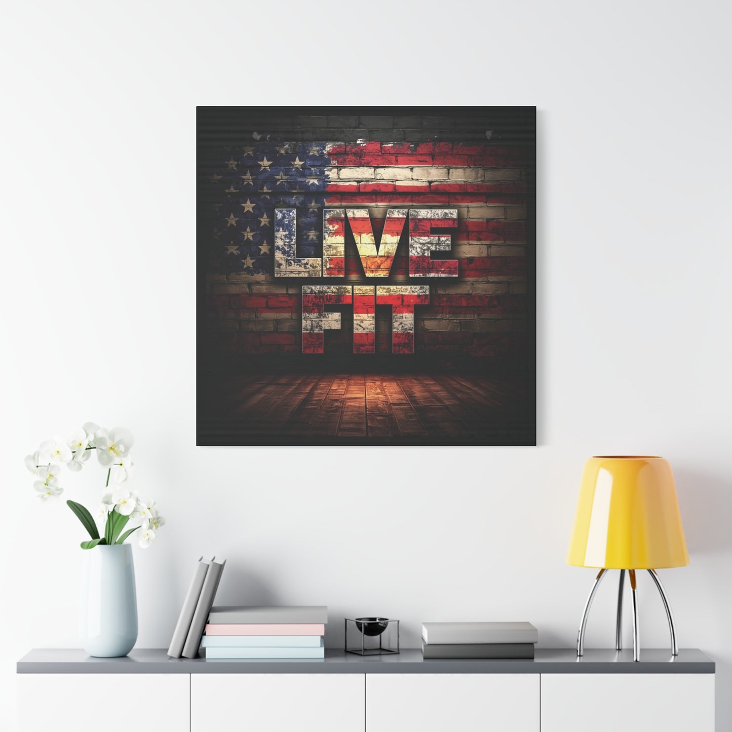American Pride Canvas Wall Art - Live Fit Decor - Fitness Motivation - Patriotic Gift - USA Flag Artwork - Red White Blue -