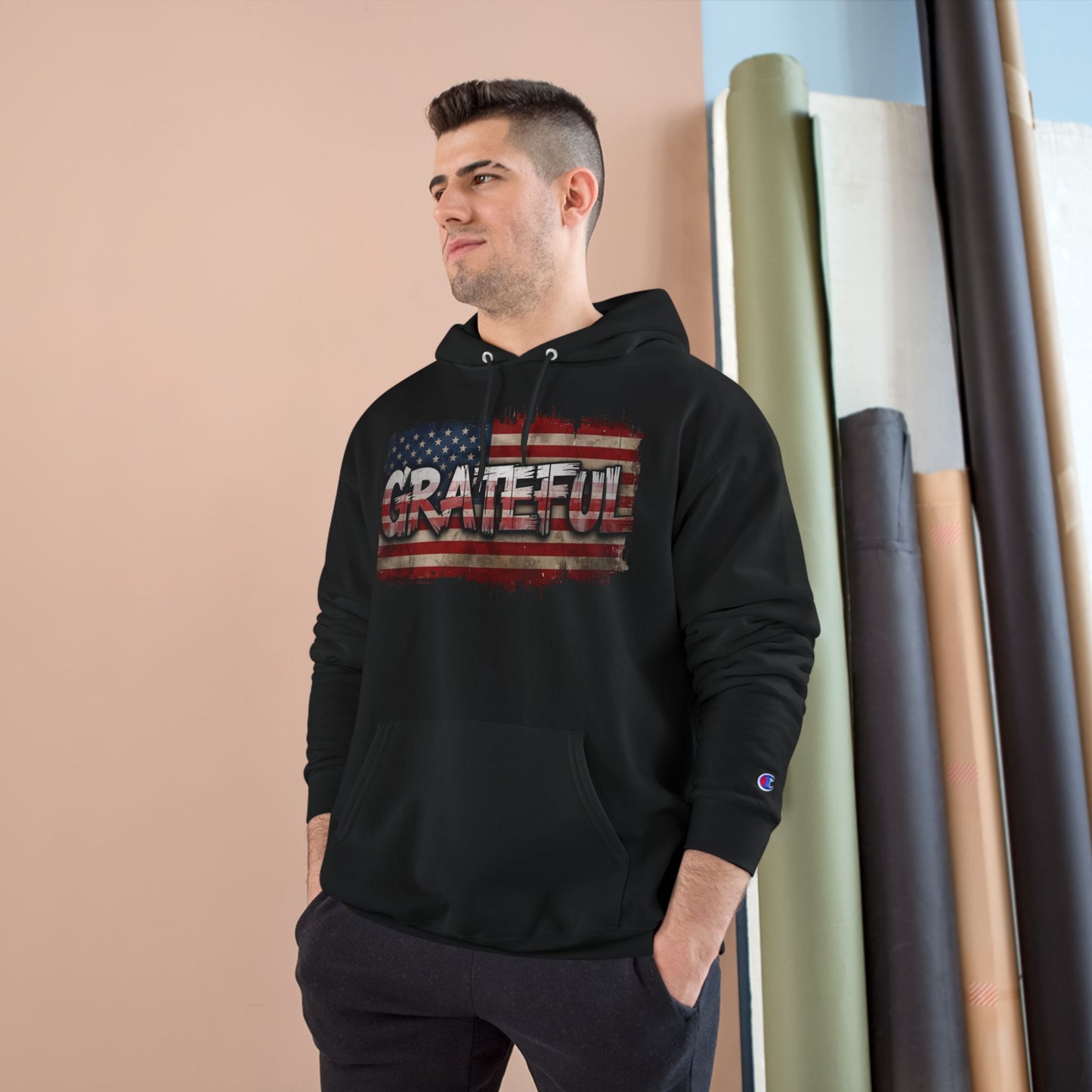 Champion Hoodie - Grateful American Flag - Red White Blue Backdrop