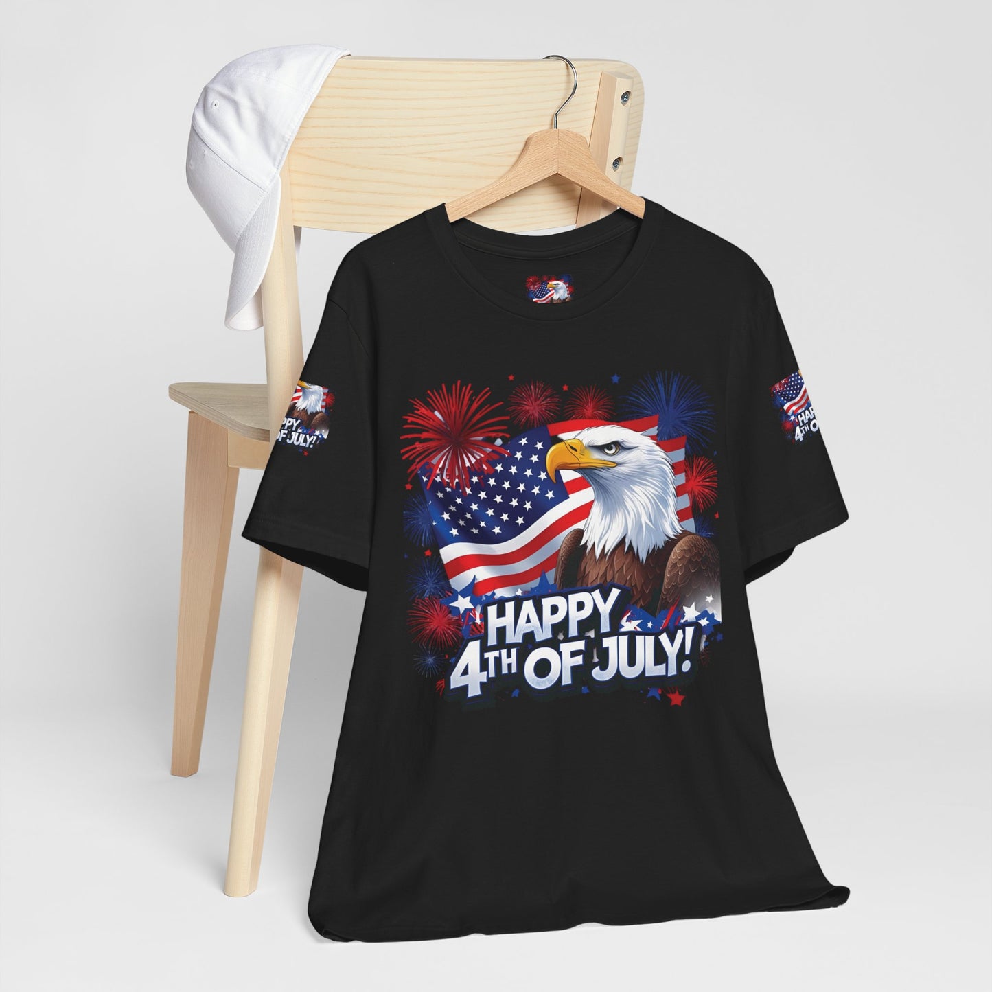 Happy 4th of July, Print Design, Unisex T-Shirt, Patriotic Print Design, Independence Day Shirt, Red White Blue Shirt, USA Tee Gift, Gift For Her, Gift For Him, American Flag, Bald Eagle