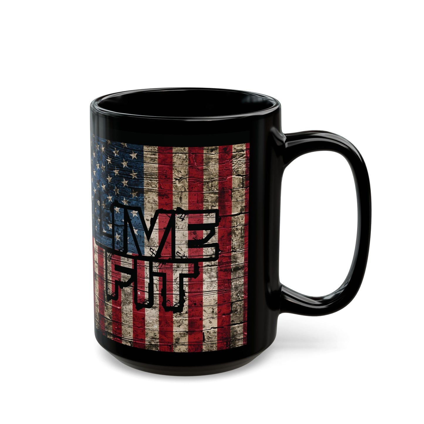 Sleek - Ceramic Black Mug - LIVE FIT - Vintage American Flag Backdrop Design - Gift for Patriots and Coffee Lovers - 11oz - 15oz -
