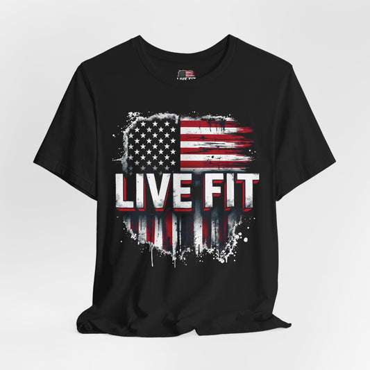 LIVE FIT American Flag T-Shirt - Patriotic Fitness Tee - Distressed USA Flag Design