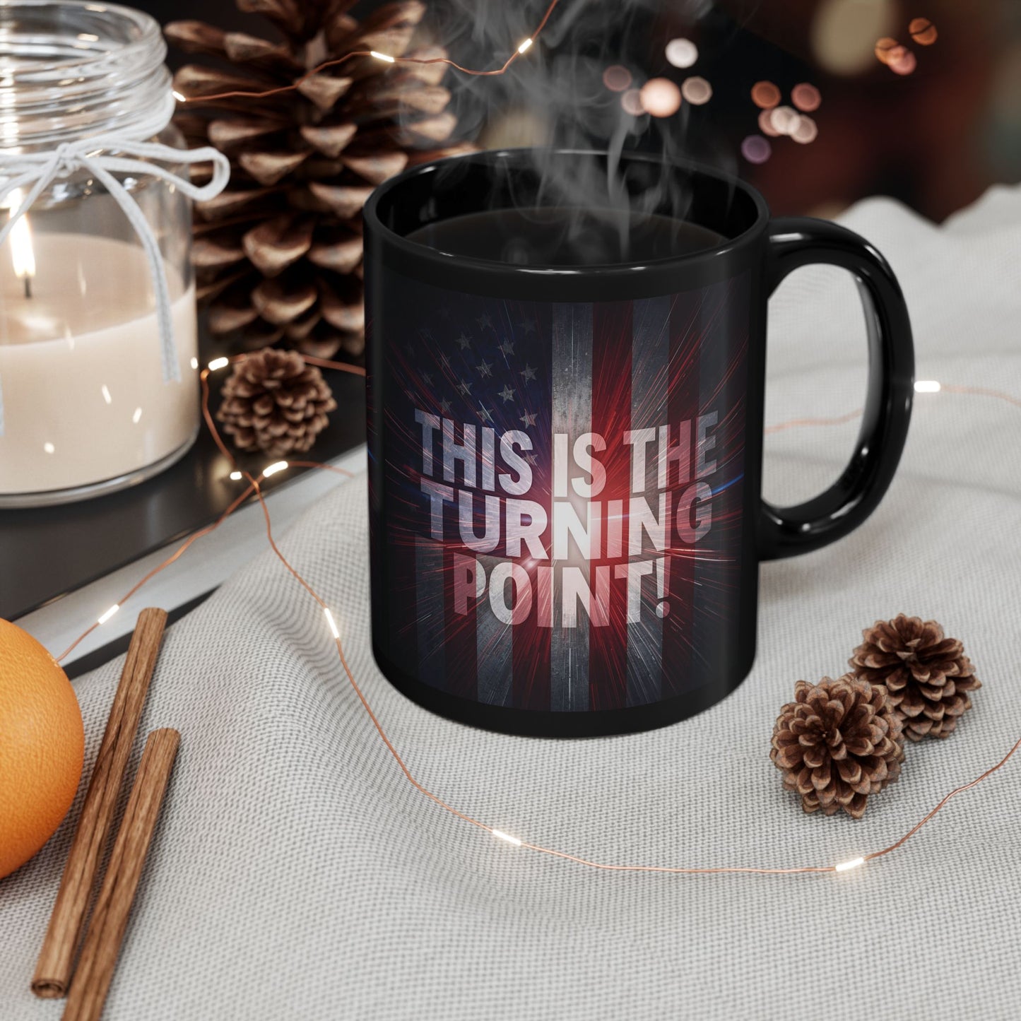 This Is The Turning Point! - Charlie Kirk Inspired - Patriotic American Flag Design - Sleek Black Ceramic Mug - 11oz/15oz