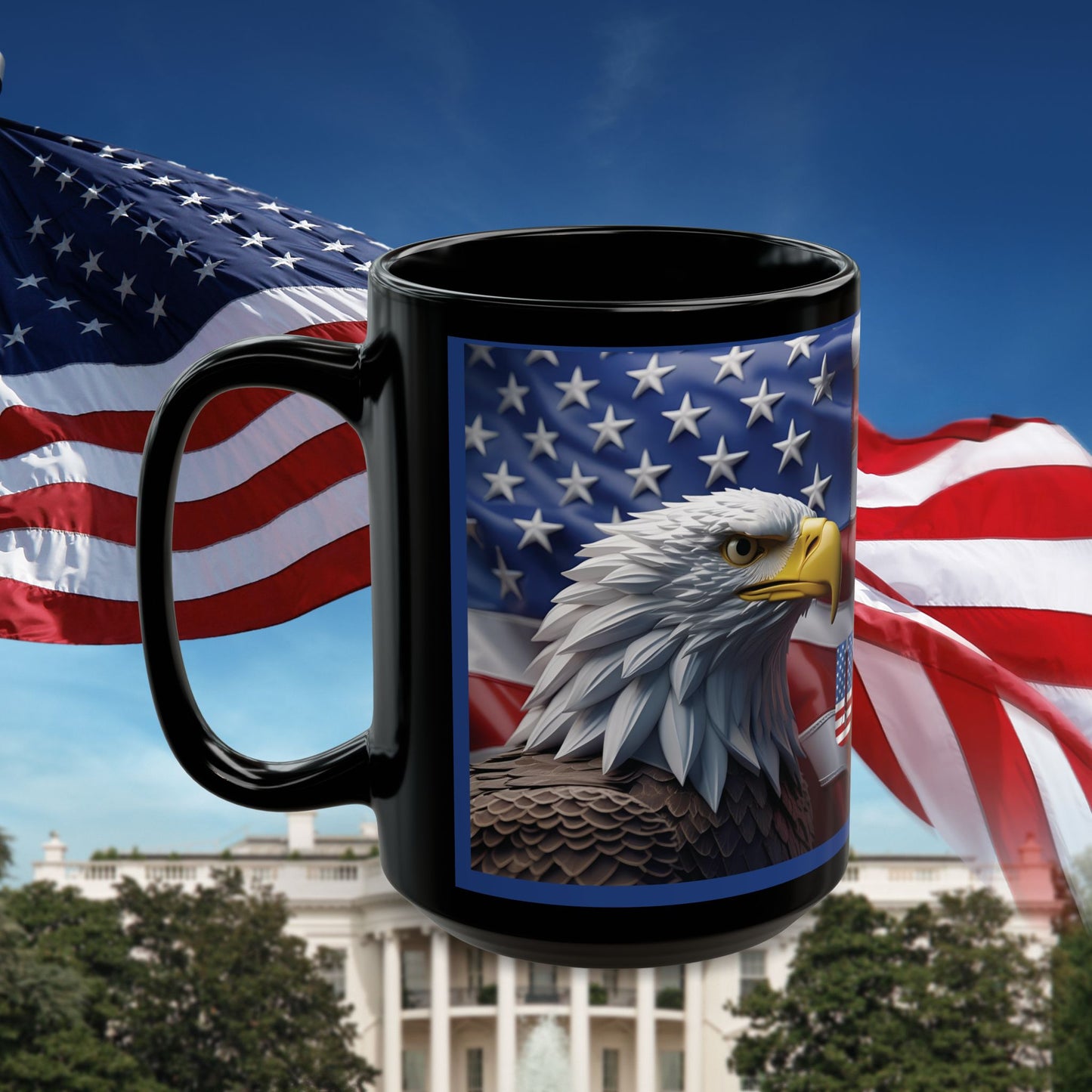 Patriotic USA Bald Eagle Ceramic Coffee Mug – Red, White & Blue American Flag Cup – Black Ceramic 11oz & 15oz – Veterans Day Gift, Independence Day Decor