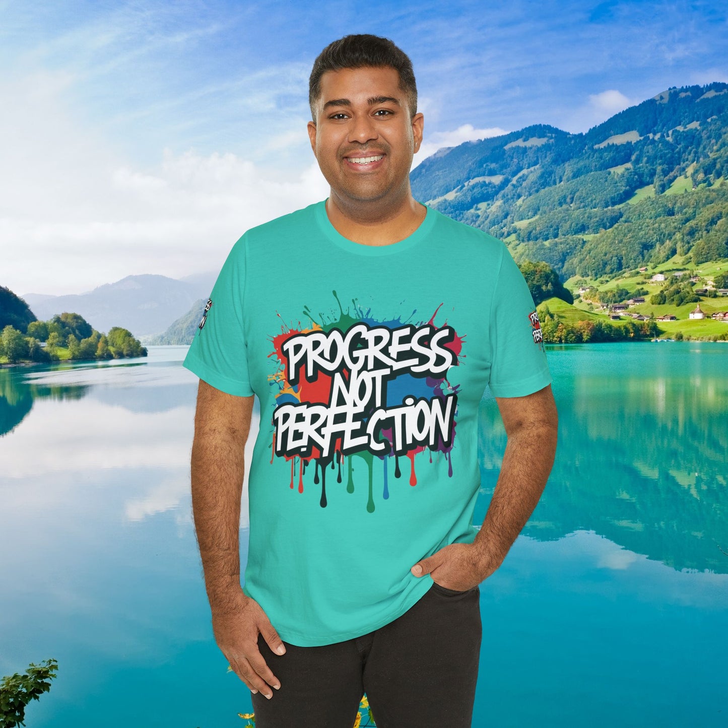 💥 Vibrant 💥 Eye-catching 💥 Motivational 💥 All Over Print 💥 Unisex T-shirt 💥 Progress Not Perfection 💥 Art-Inspired 💥 Apparel 💥 Sizes XS x 4XL 💥