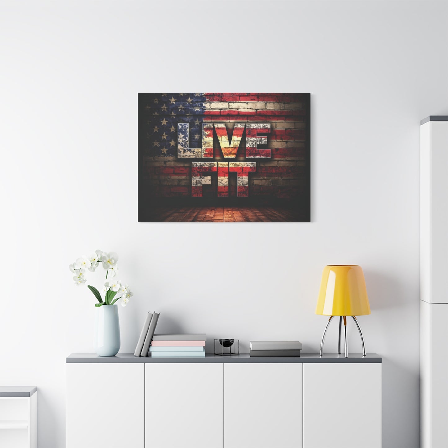 American Pride Canvas Wall Art - Live Fit Decor - Fitness Motivation - Patriotic Gift - USA Flag Artwork - Red White Blue -