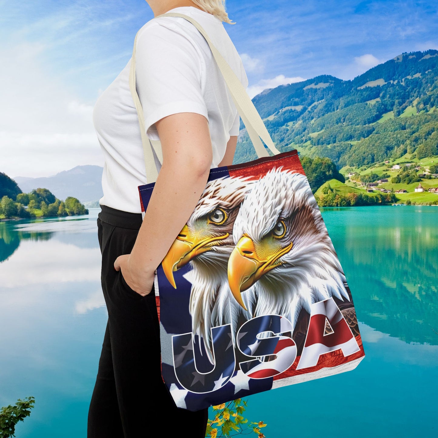 ๐บ๐ธ Patriotic ๐บ๐ธ USA ๐บ๐ธ Bald Eagles ๐บ๐ธ Tote Bag ๐บ๐ธ All Over Print ๐บ๐ธ American Flag Design ๐บ๐ธ Five Different Handle Colors ๐บ๐ธ Red ๐บ๐ธ Navy ๐บ๐ธ Black ๐บ๐ธ Beige ๐บ๐ธ White