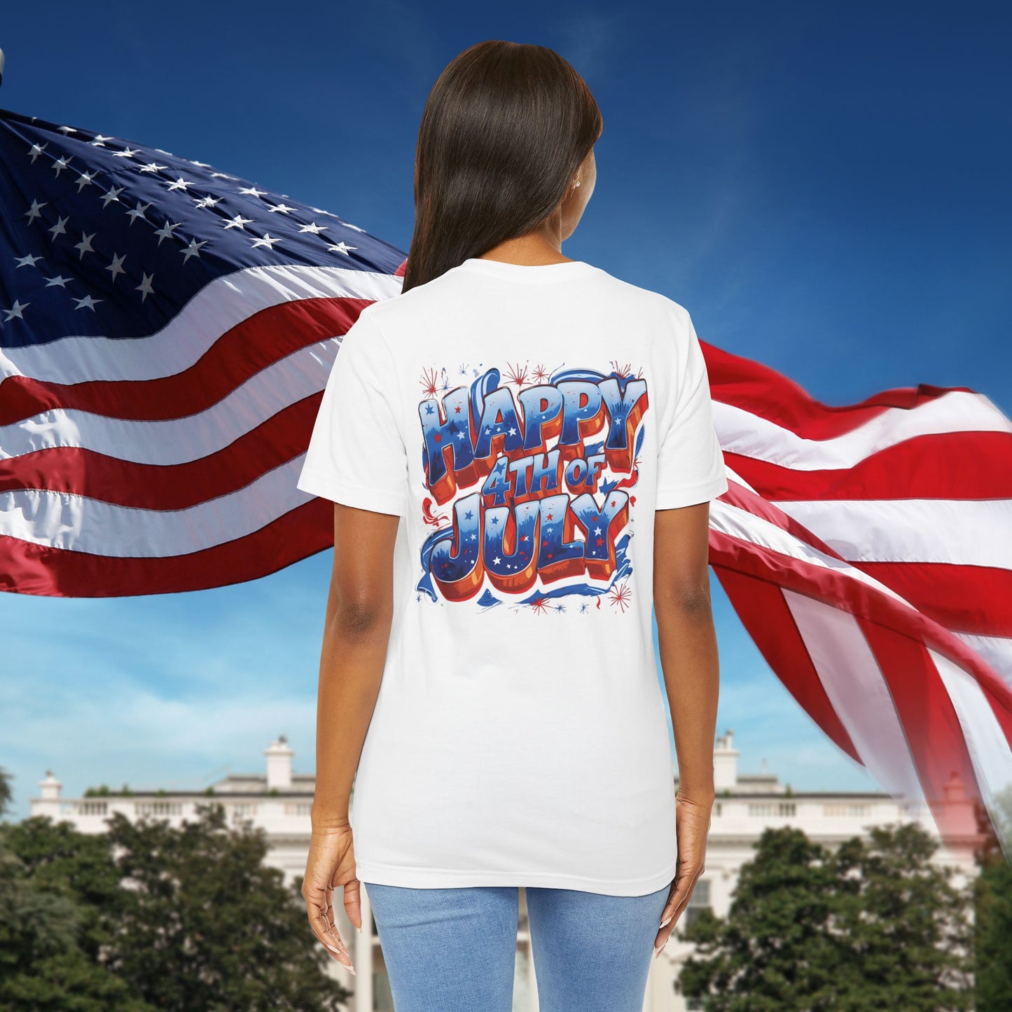Happy 4th Of July, Print Design T-Shirt, Independence Day, American Flag, Bald Eagle, Red White Blue