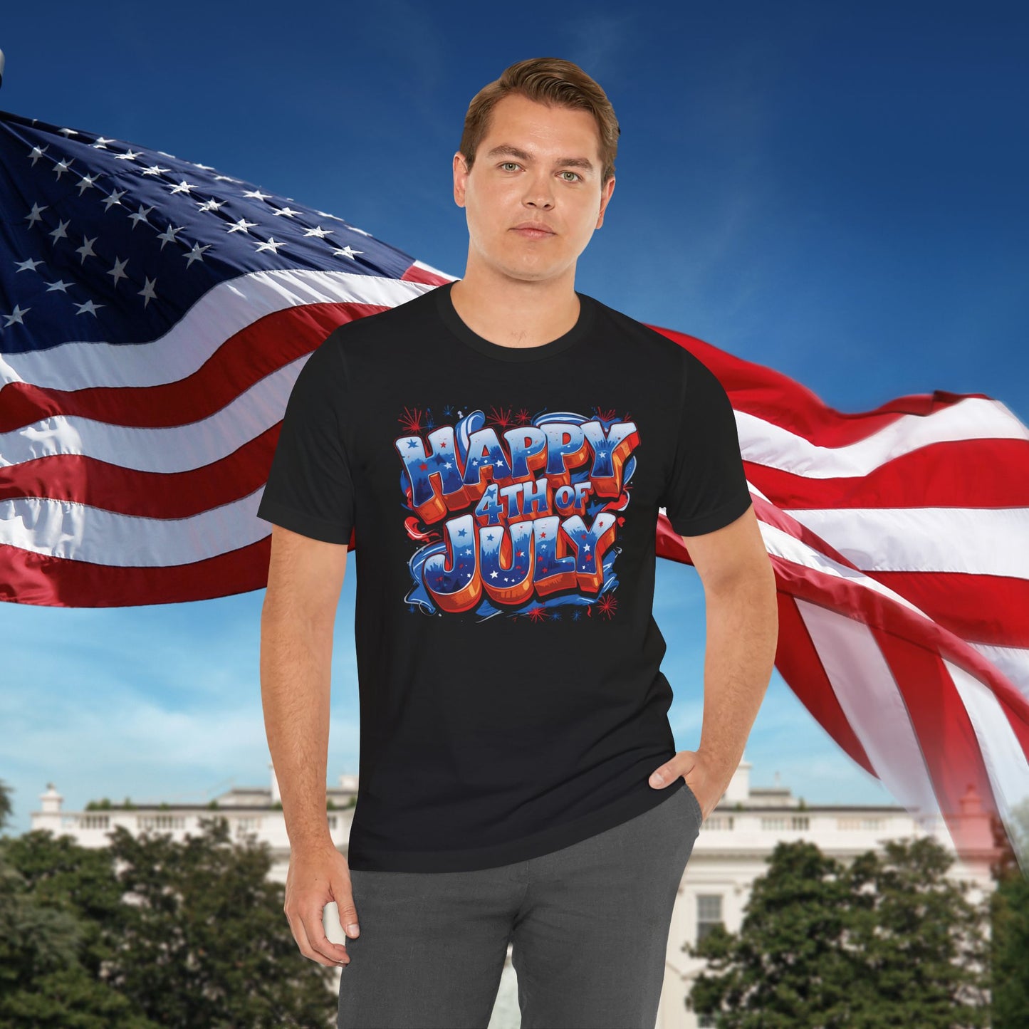 Happy 4th Of July, Print Design T-Shirt, Independence Day, American Flag, Bald Eagle, Red White Blue