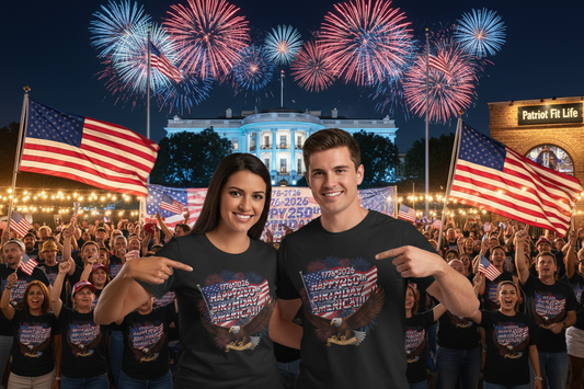 Two people in front of a crowd wearing black t-shirts that say 1776-2026 Happy 250th Birthday America!!! with American flags and fireworks, with the White House in the background.
