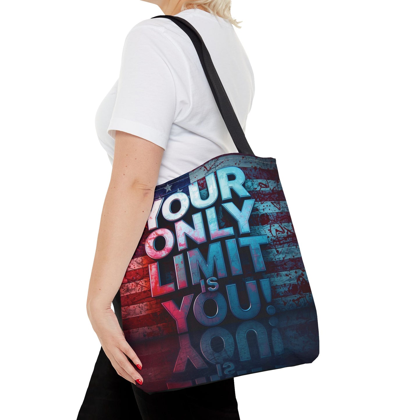 Motivational Tote Bag, Your Only Limit is You!, Inspirational Gift, USA Flag Design, Eco-Friendly Everyday Tote