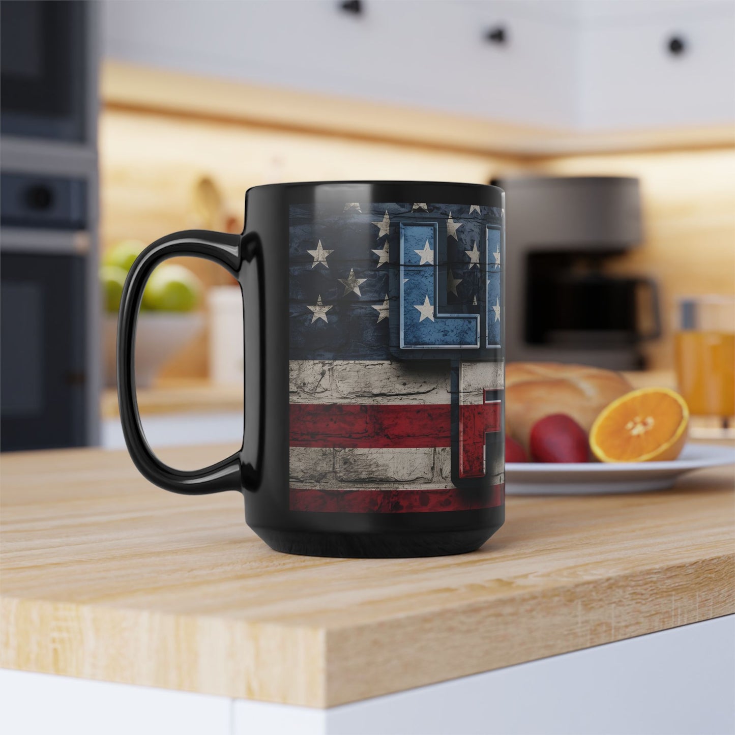 Eye-Catching - Red White Blue - Black Ceramic Mug - LIVE FIT - American Flag Backdrop