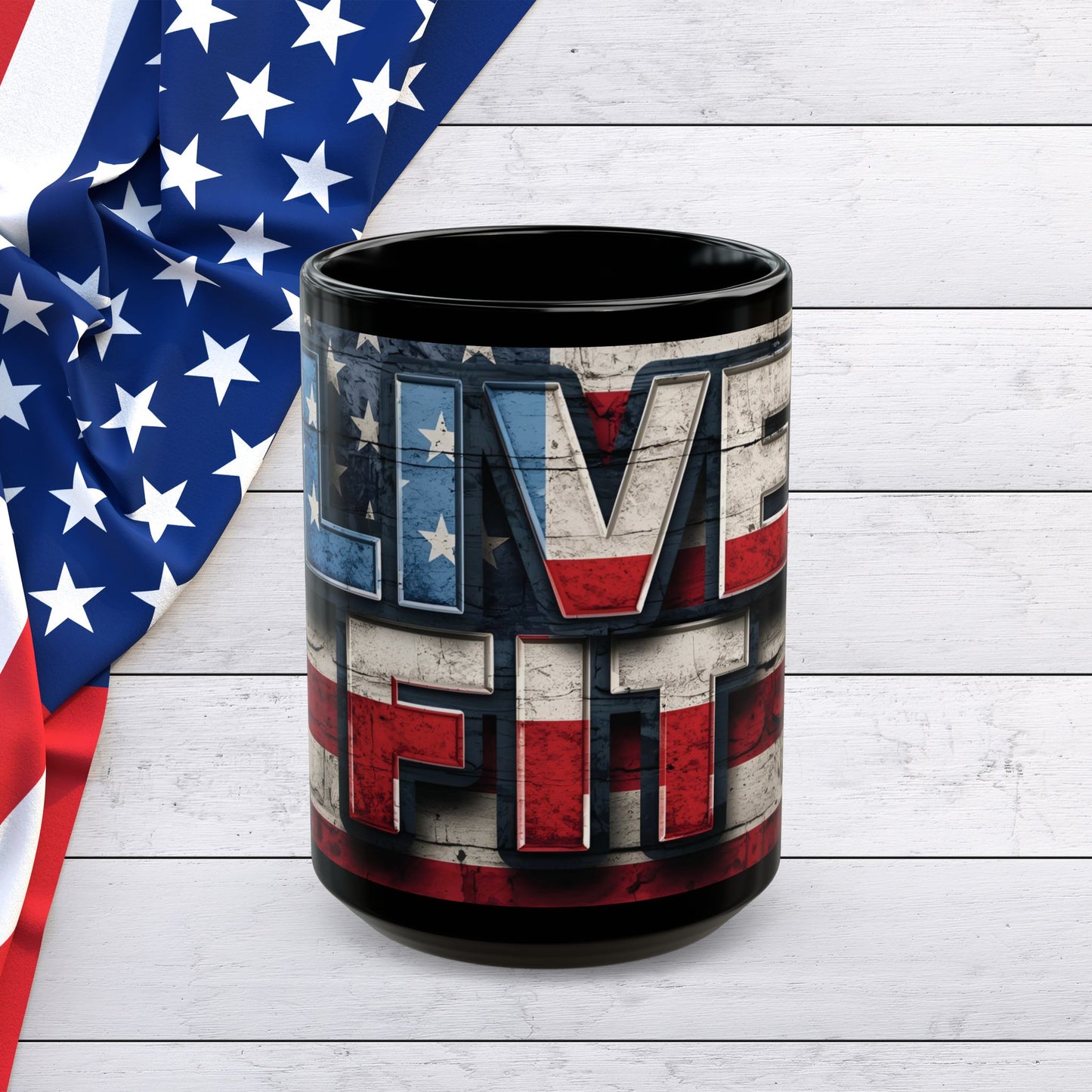 Eye-Catching - Red White Blue - Black Ceramic Mug - LIVE FIT - American Flag Backdrop