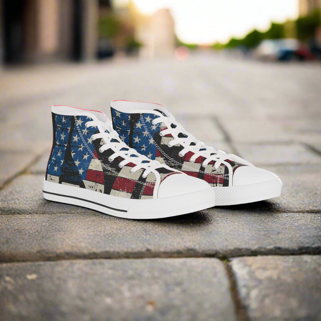 💥USA 💥 Red White & Blue 💥Unisex 💥 High Top Sneakers 💥 Patriotic Vibe 💥 Full Wrap Around Print 💥