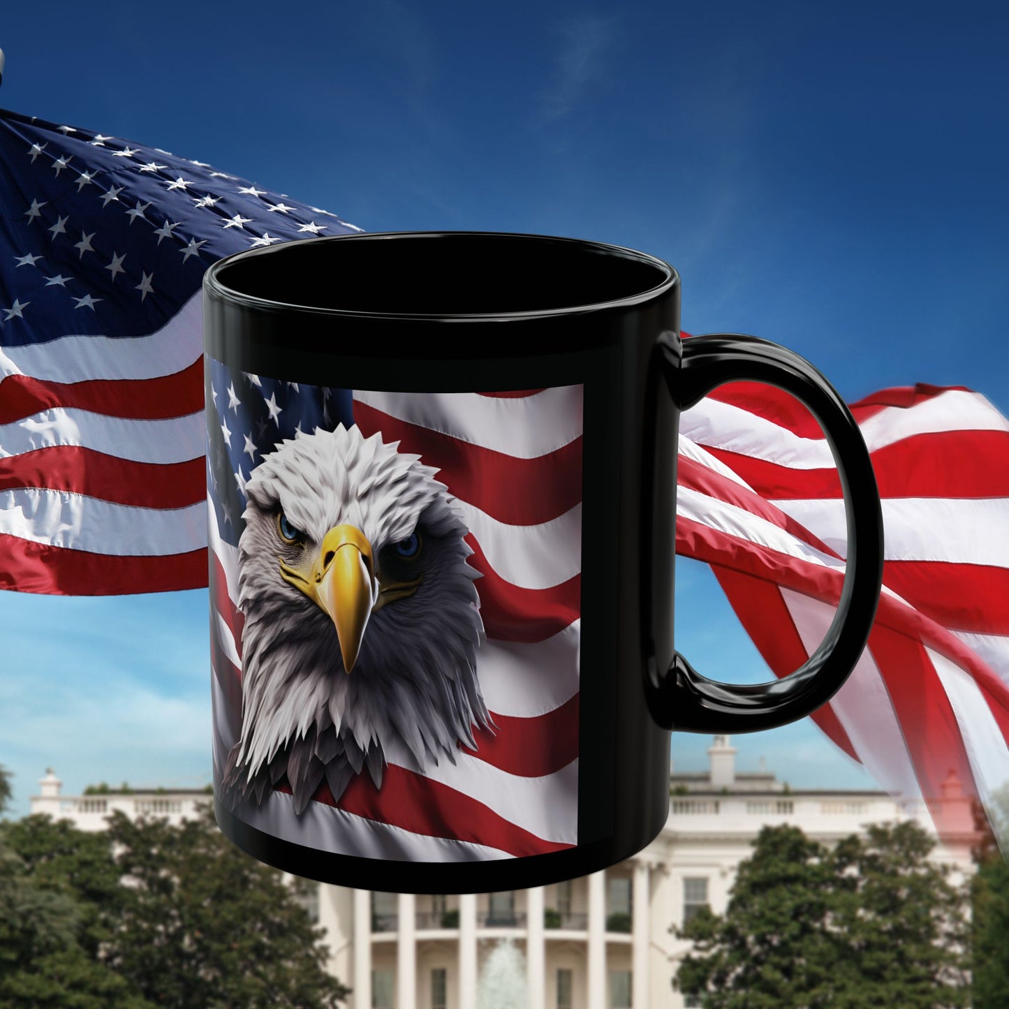 Thank You For Your Service Black Mug - Patriotic American Flag Bald Eagle - 11oz