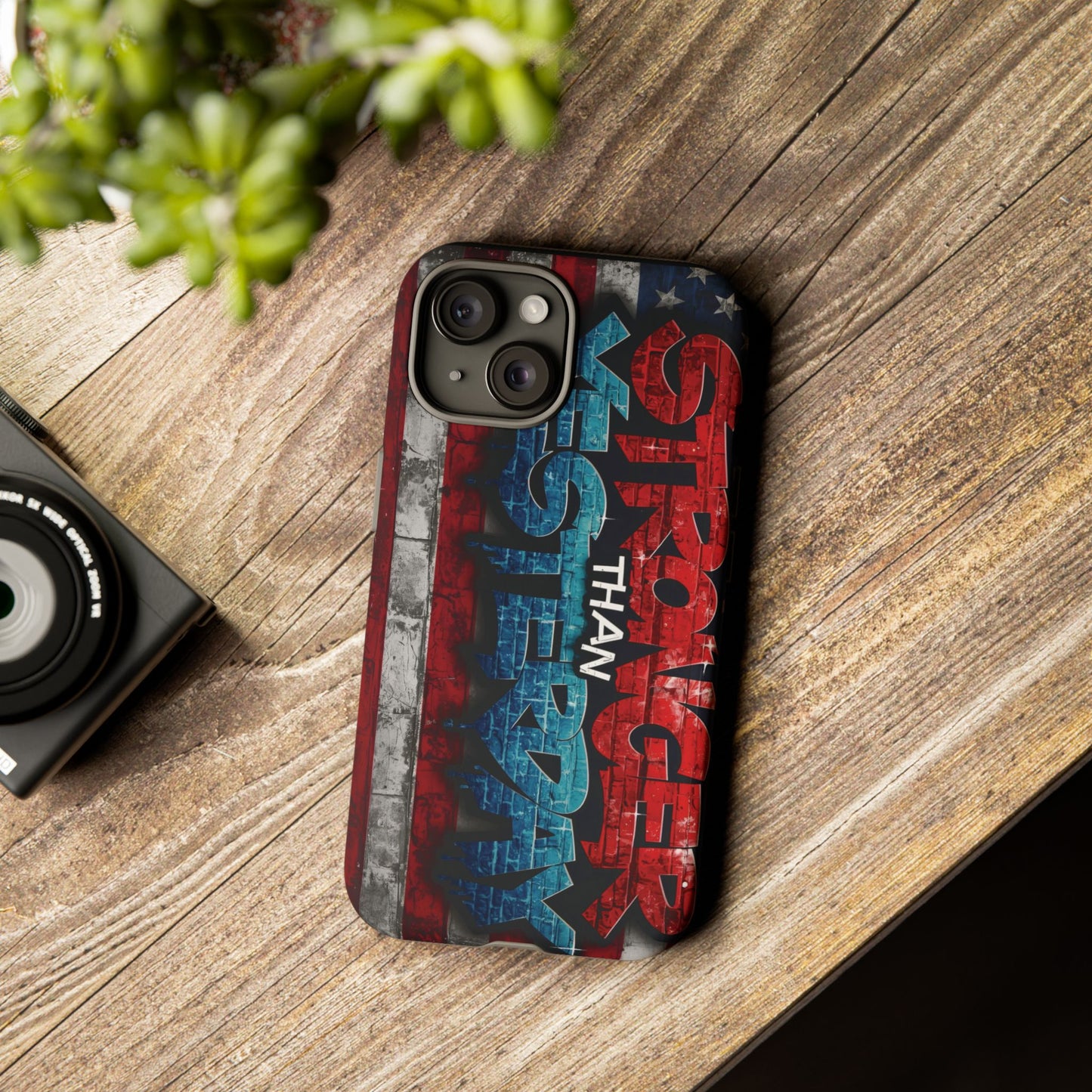Stronger Than Yesterday Iphone Case, Motivational Phone Cover, USA Flag Design, Gift for Fitness Enthusiasts, Inspirational Phone Accessory