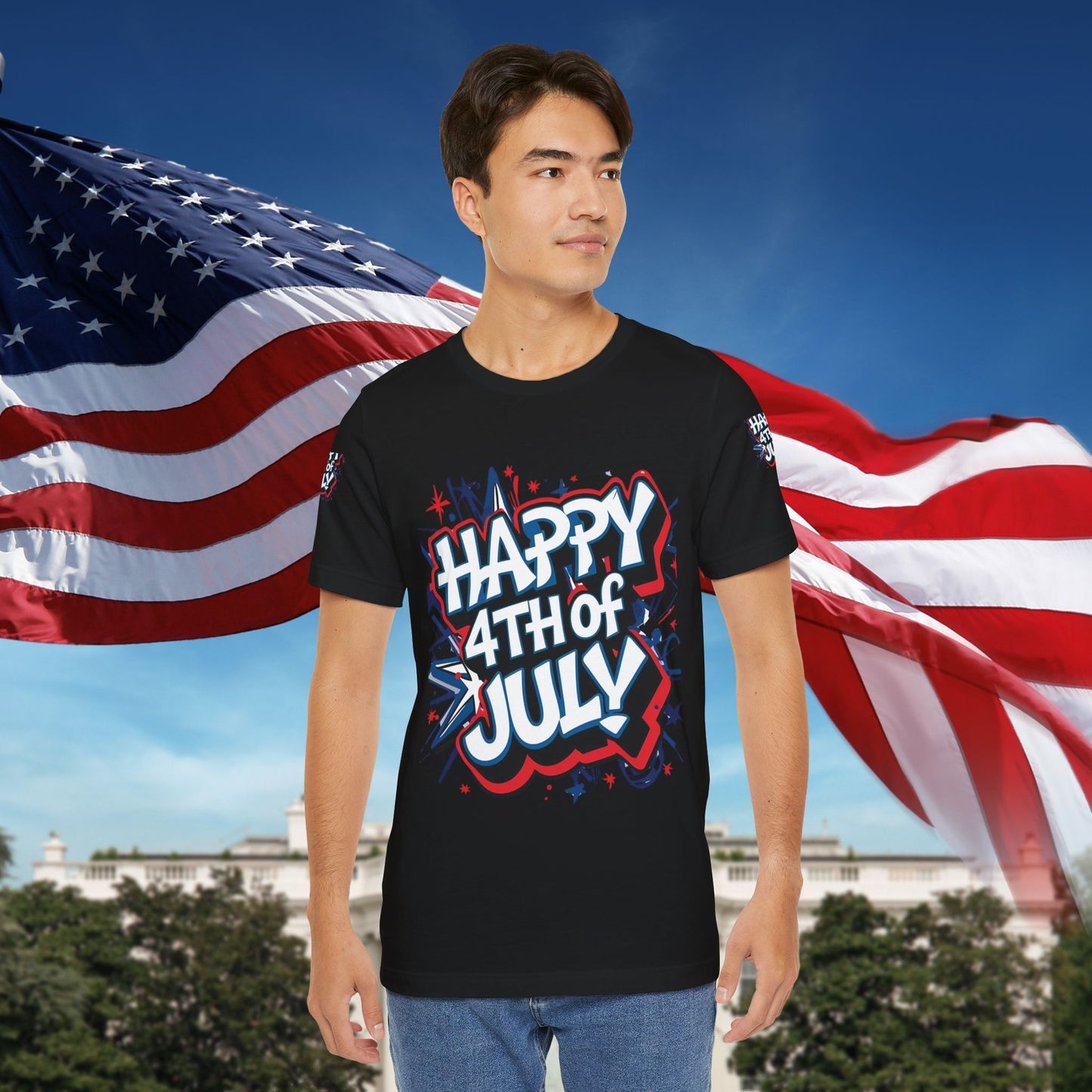 Happy 4th Of July Unisex Jersey Short Sleeve Tee, Independence Day T-Shirt, Patriotic Shirt, Red White Blue Tee, USA Celebration Top