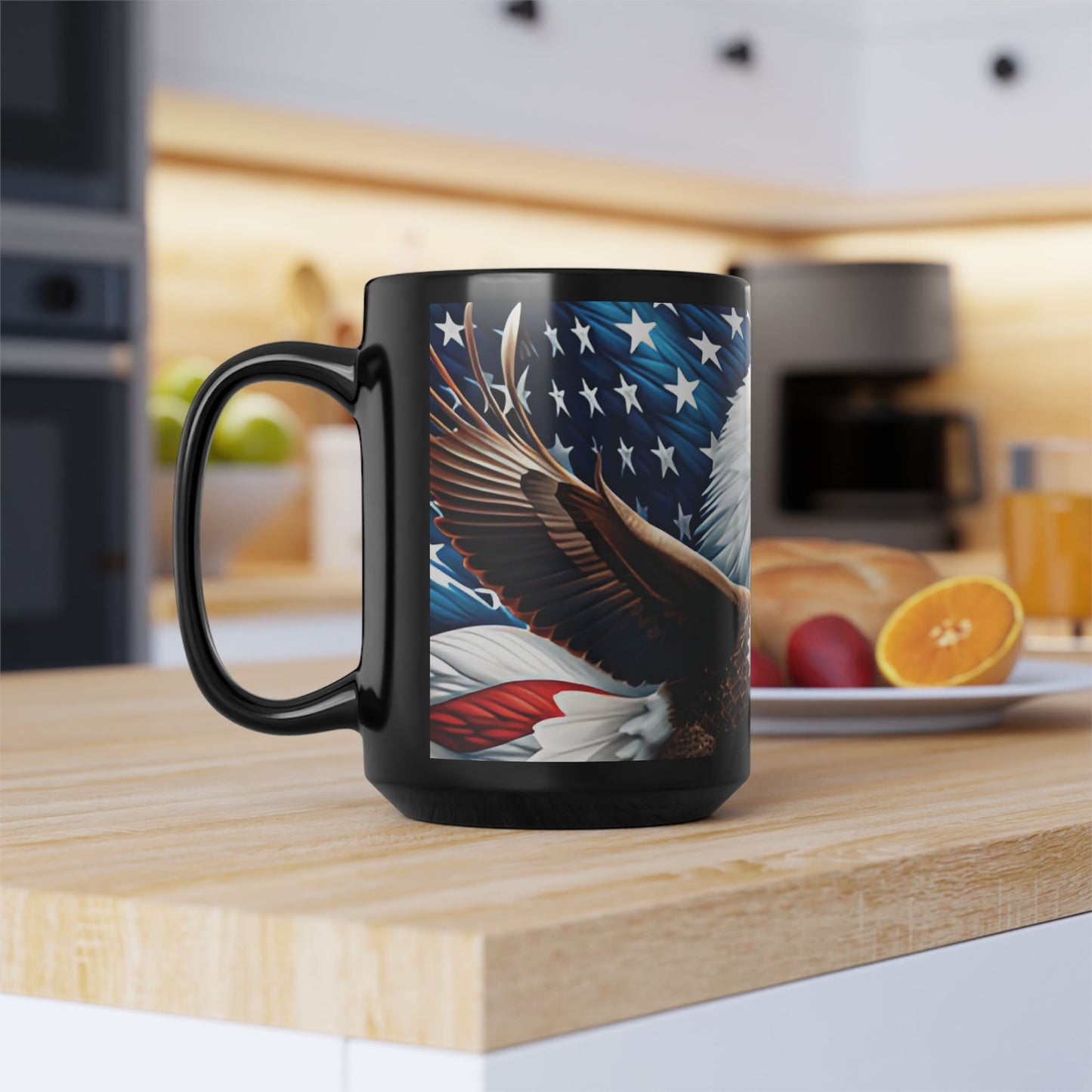 Eye-Catching Patriotic Bald Eagle American Flag Red White & Blue Black Mug 11oz & 15oz Perfect for Celebrations and Gifting