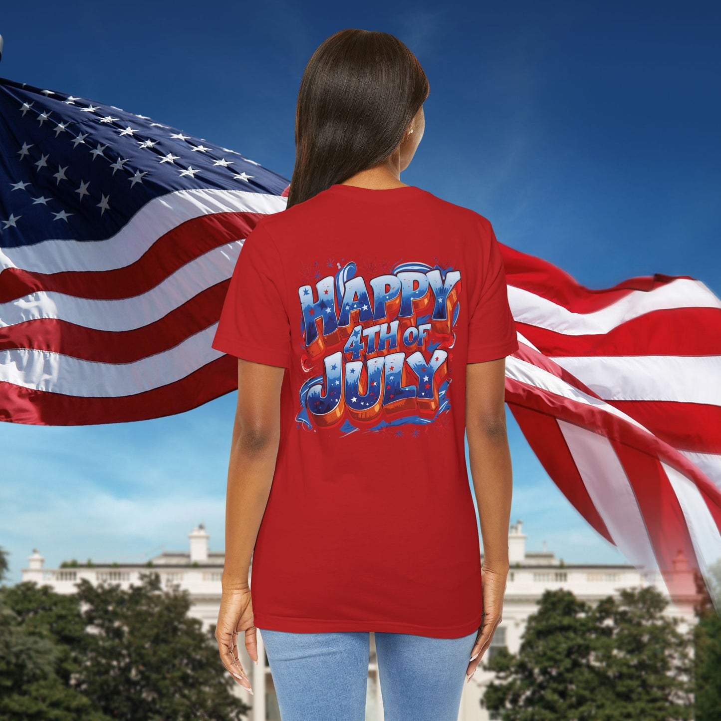 Happy 4th Of July, Print Design T-Shirt, Independence Day, American Flag, Bald Eagle, Red White Blue