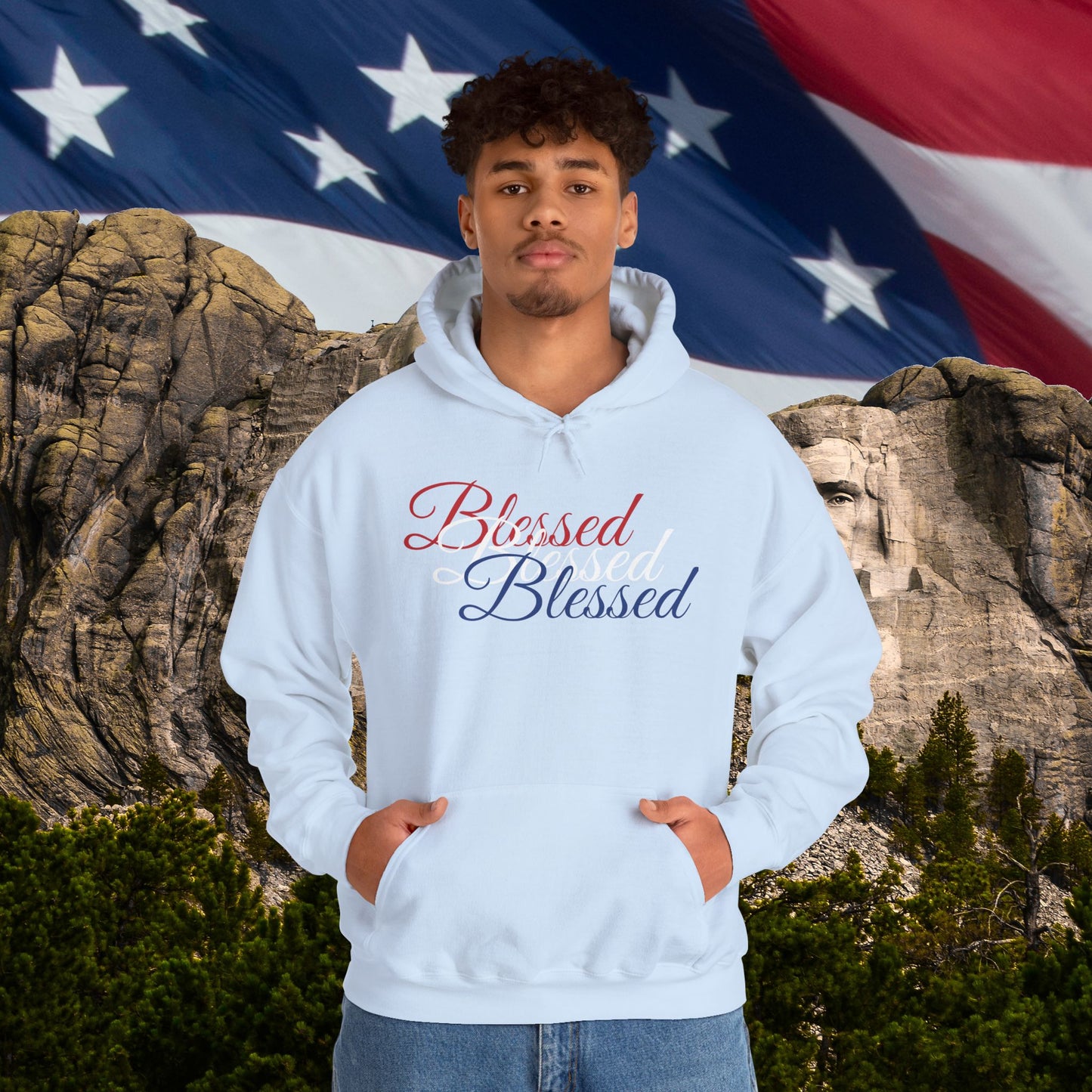 Blessed Hoodie – Patriotic Red, White & Blue Unisex Pullover Sweatshirt with Front & Back Print – Cozy, Positive Vibes Gift