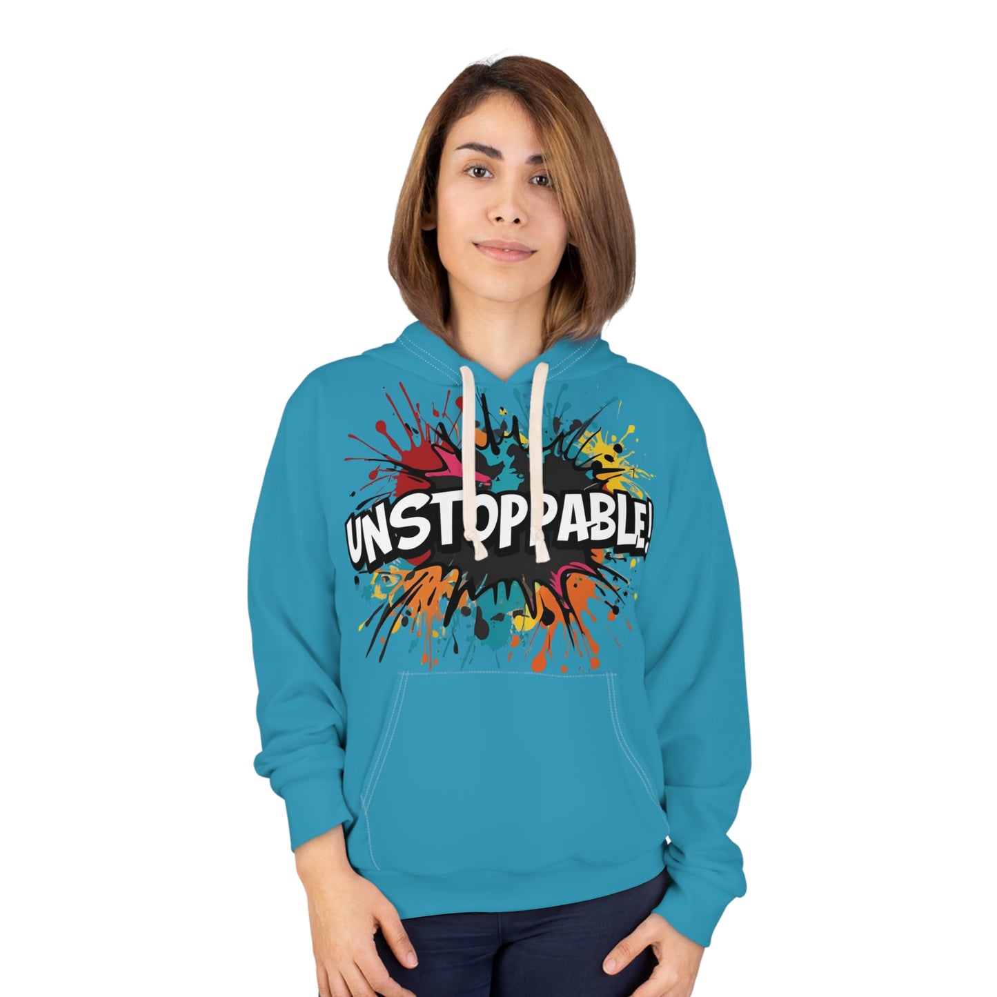 Unisex Unstoppable Design Pullover Hoodie - Colorful Splash Design for Motivation and Style